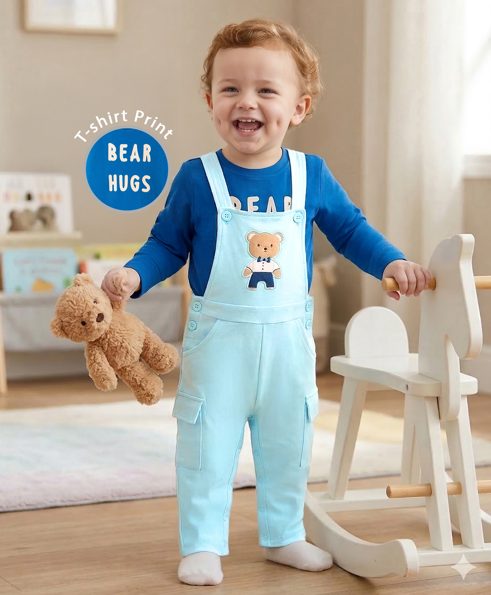Babyoye 100% Cotton with Eco- Jiva Finish Dungarees & Full Sleeves Tee Set With Bear Print - Blue-image-35