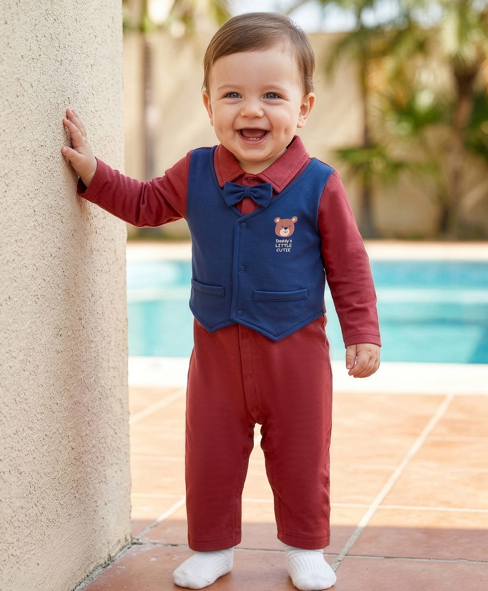 Babyoye 100% Cotton Knit With Eco- Jiva Finish Full Sleeves Solid Dyed  Romper with Attached Bow & Waist Coat Bear Print -  Multicolour-image-32