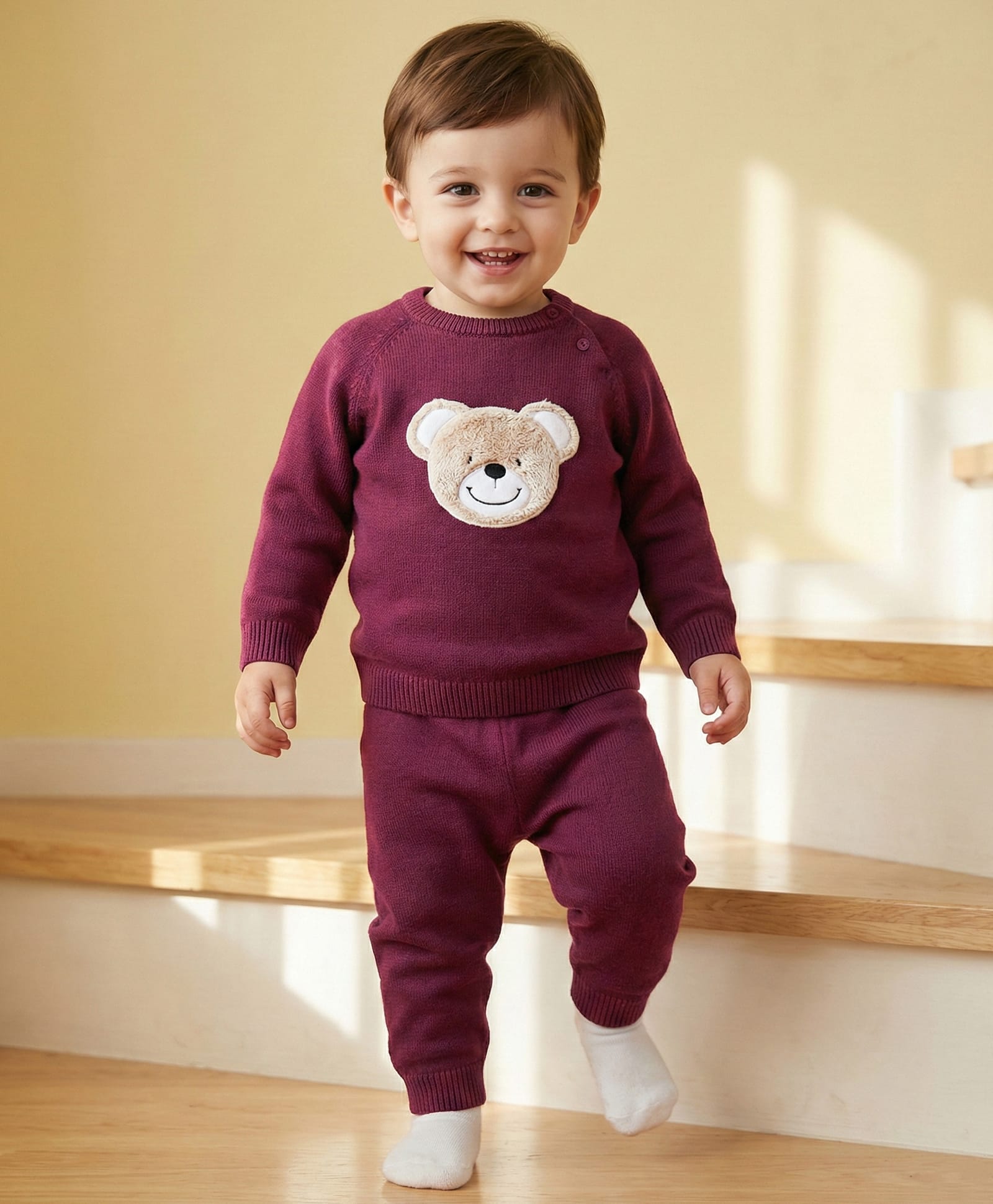 Babyoye 100% Cotton Knit Full Raglan Sleeves Solid Colour Sweater Set Bear Patch detailing - Violet-image-49