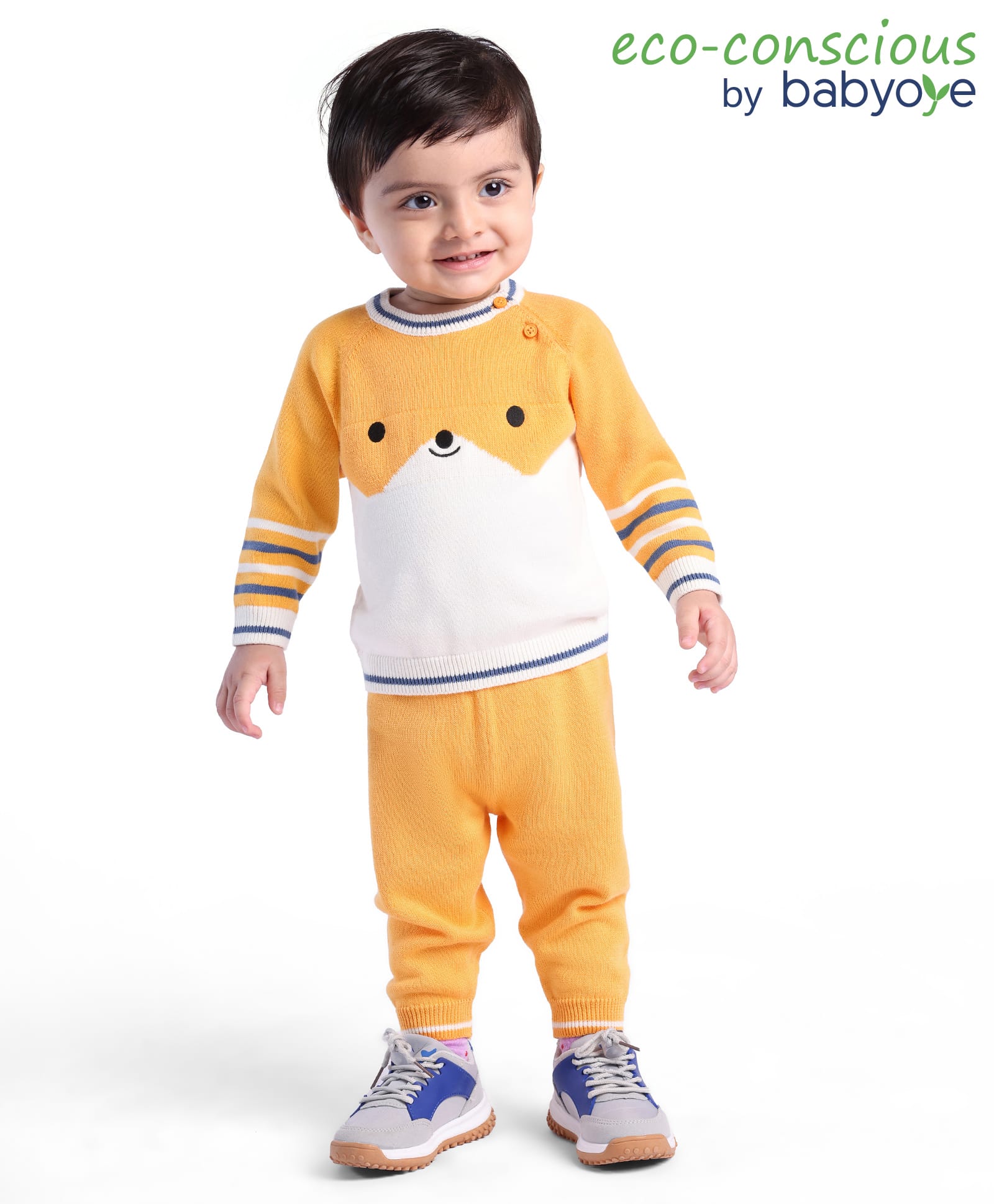 Babyoye 100% Cotton Knit Full Raglan Sleeves Striped Sweater Set with Colour Block Design - Yellow-picture-24