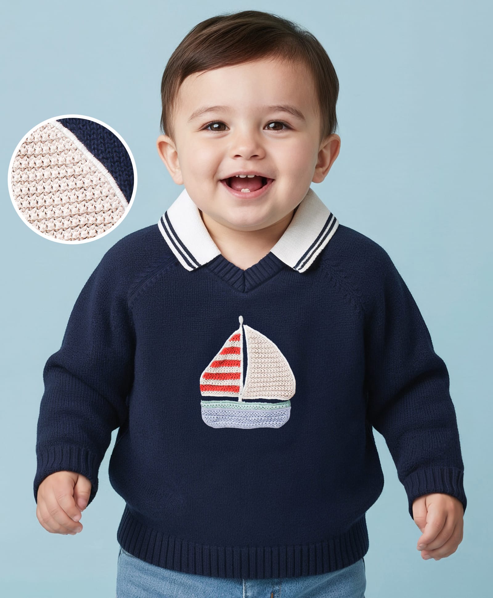 Babyoye 100% Cotton Knit Full Sleeves Pullover Sweater with Boat Design - Navy Blue-image-20