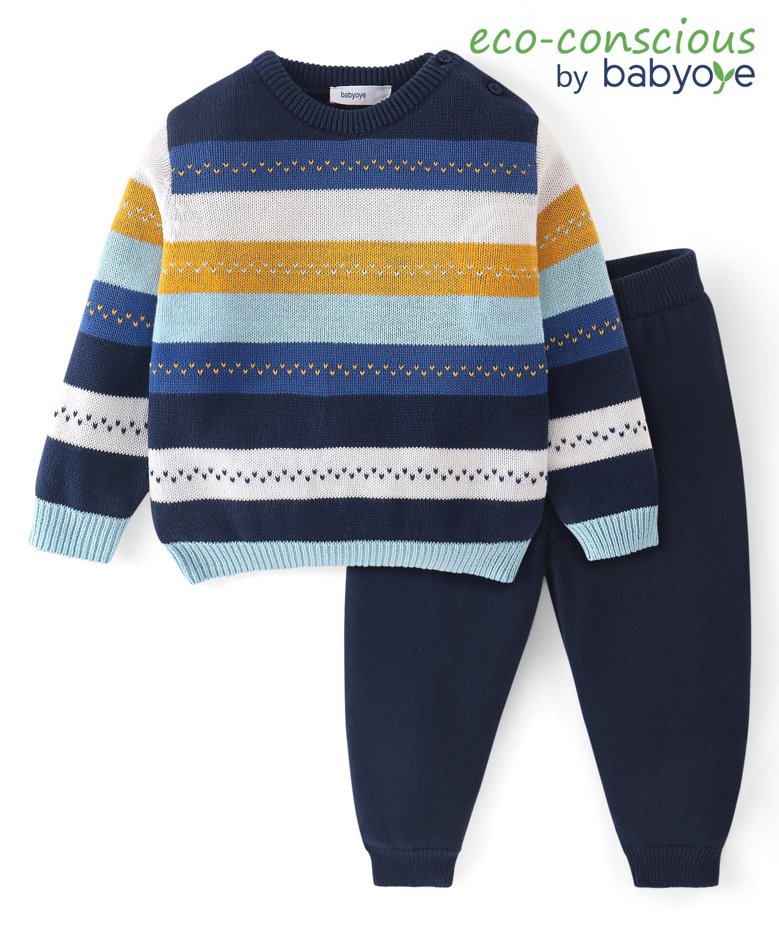 Babyoye  100% Cotton Knit Full Sleeves Striped Sweater Set with Heart Design - Multicolour-picture-18
