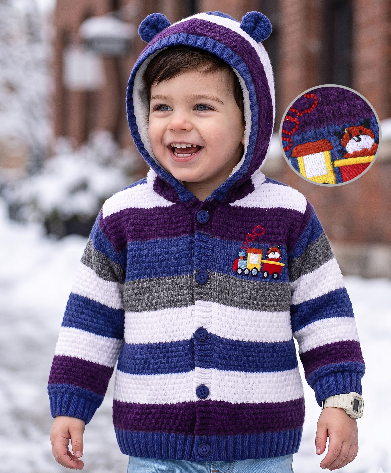 Babyoye Knit Full Sleeves Striped Front Open Hooded Sweater with Train Design - Blue & White-image-25