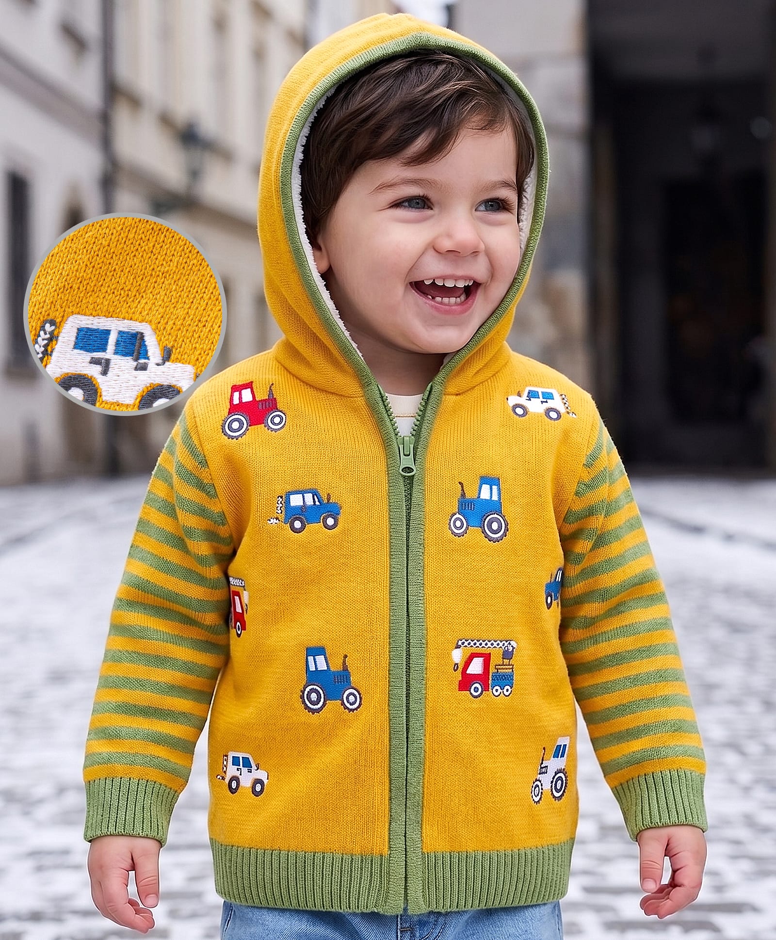 Babyoye Knitted Full Sleeves Front Open Hooded Sweater With Stripes Design and Vehicles Embroidery - Yellow-picture-31