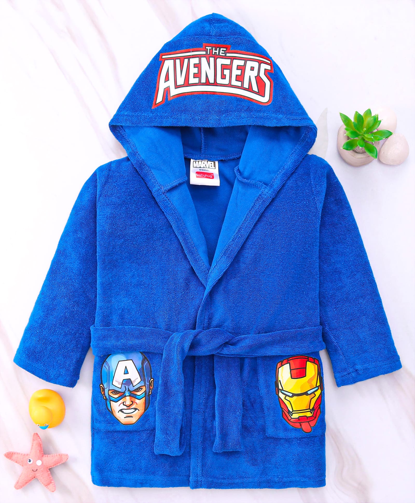 Babyhug Marvel Terry Knit Full Sleeves Hooded Bath Robe WithPockets & Avengers Graphics - Blue-picture-21