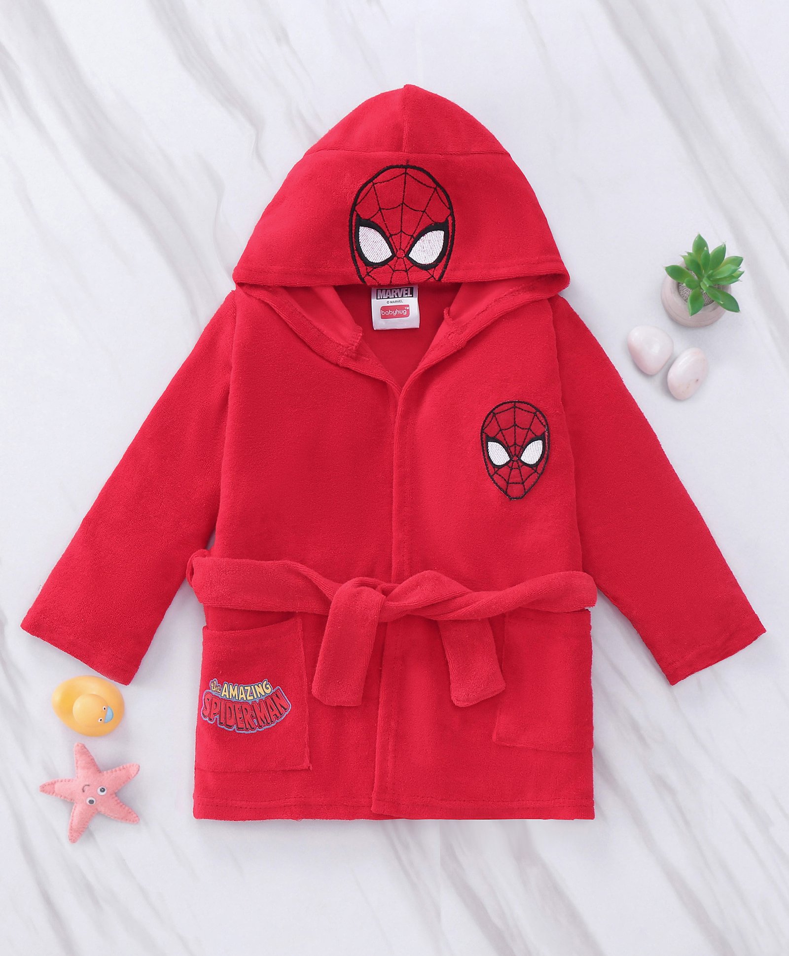 Babyhug Marvel  Terry Knit Hooded Full Sleeves Bath Robe With Pockets and Spider-Man Graphics - Red-picture-17