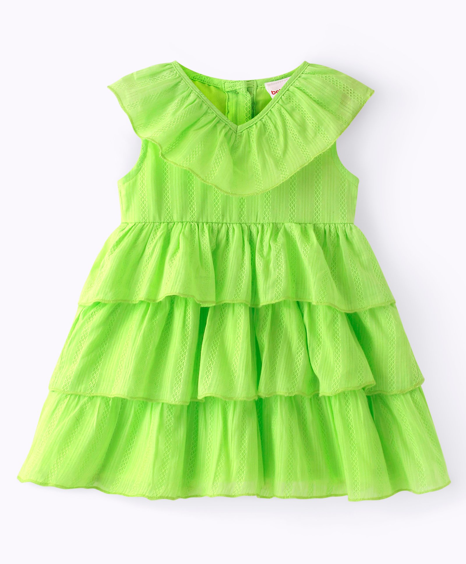 Babyhug Cotton Sleeveless Layered Textured Frock with Frill Detailing - Lime Green-image-49
