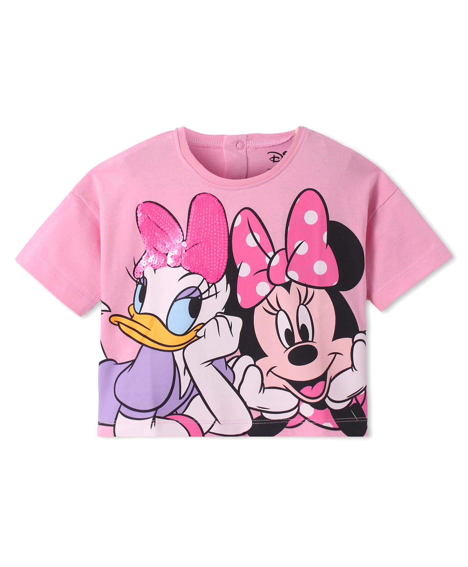 Babyhug Disney Cotton Knit Half Drop Shoulder Sleeves T-Shirt with Minnie Mouse Graphics & Sequin Detailing - Pink-picture-14