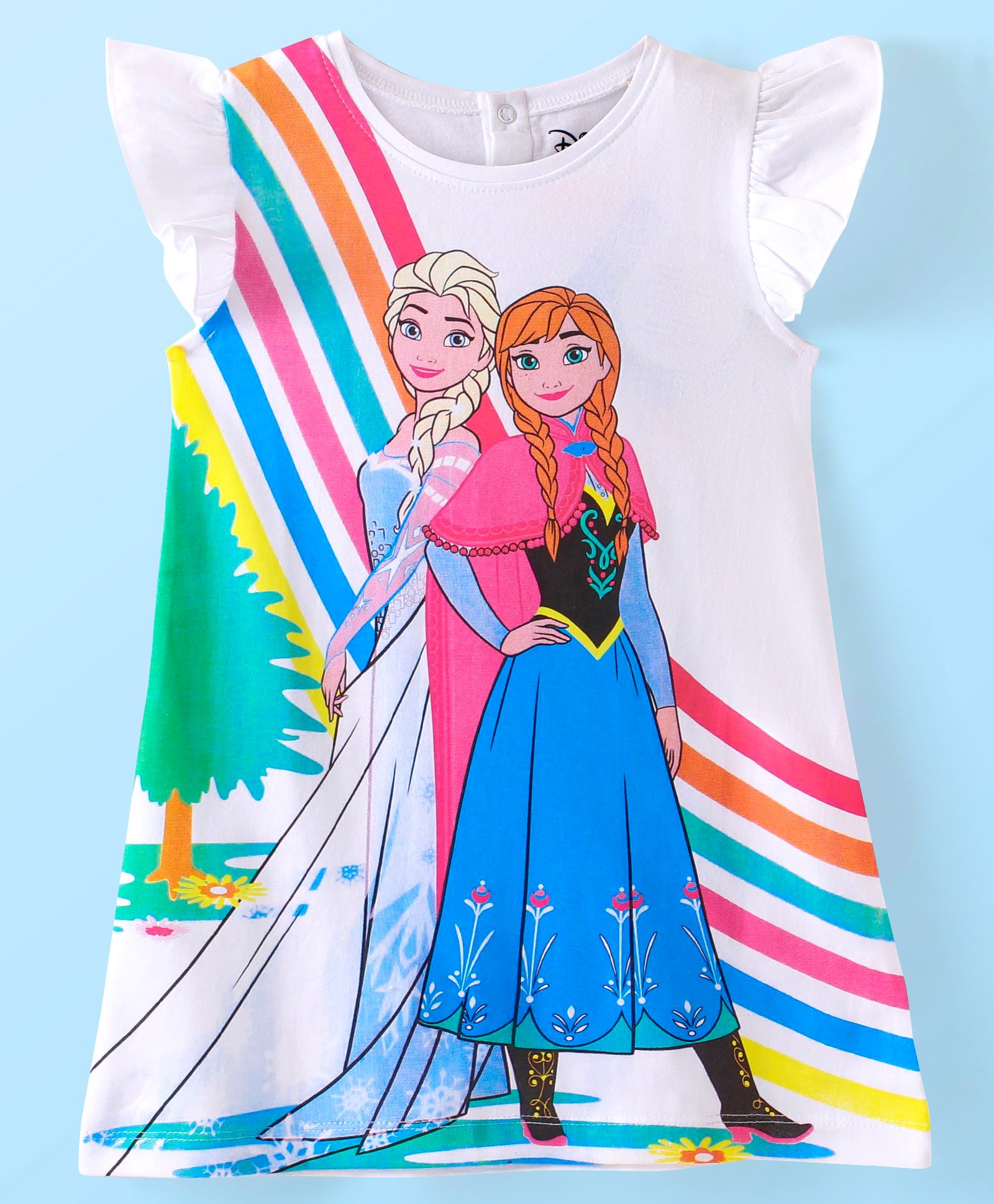 Babyhug Disney Cotton Knit Frill Sleeves Nighty with Disney Frozen Print - White-picture-26