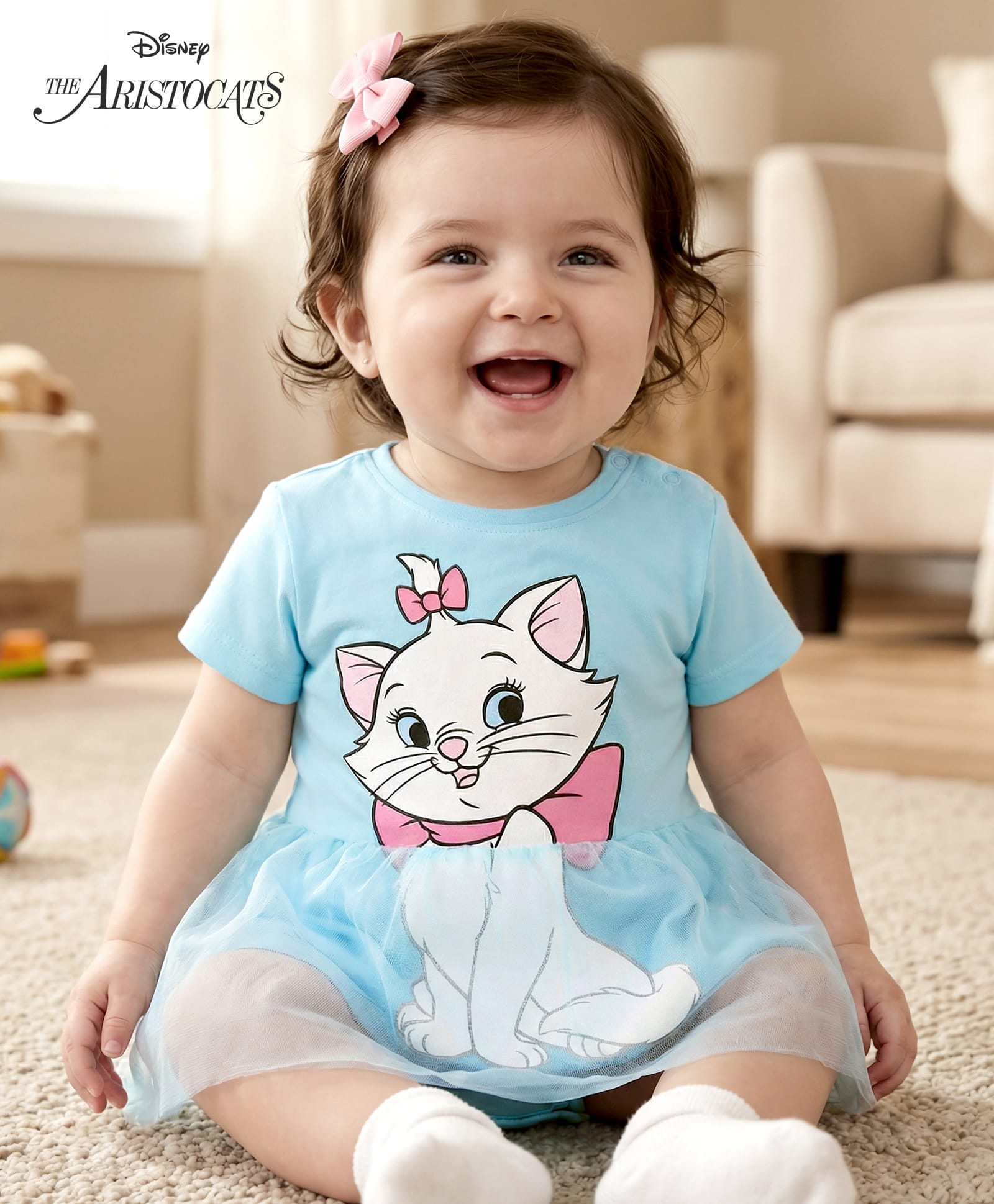 Babyhug Disney Interlock Knit Half Sleeves Frock Style Onesie with Aristocat Marie Graphics - Blue-image-31
