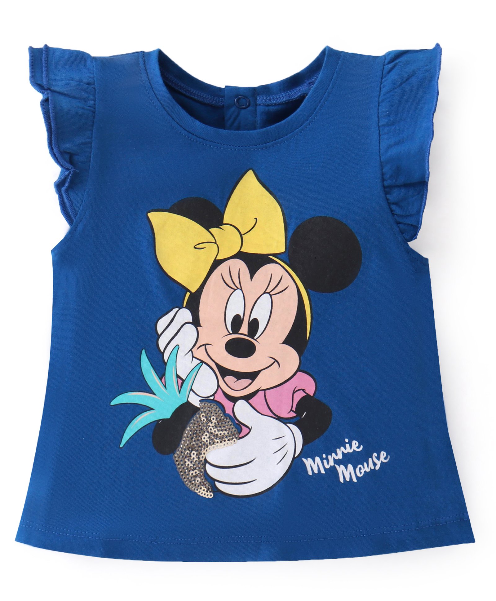 Babyhug Disney Cotton Knit Frill Sleeves Top With Minnie Mouse Print & Sequin Detailing - Blue-picture-31
