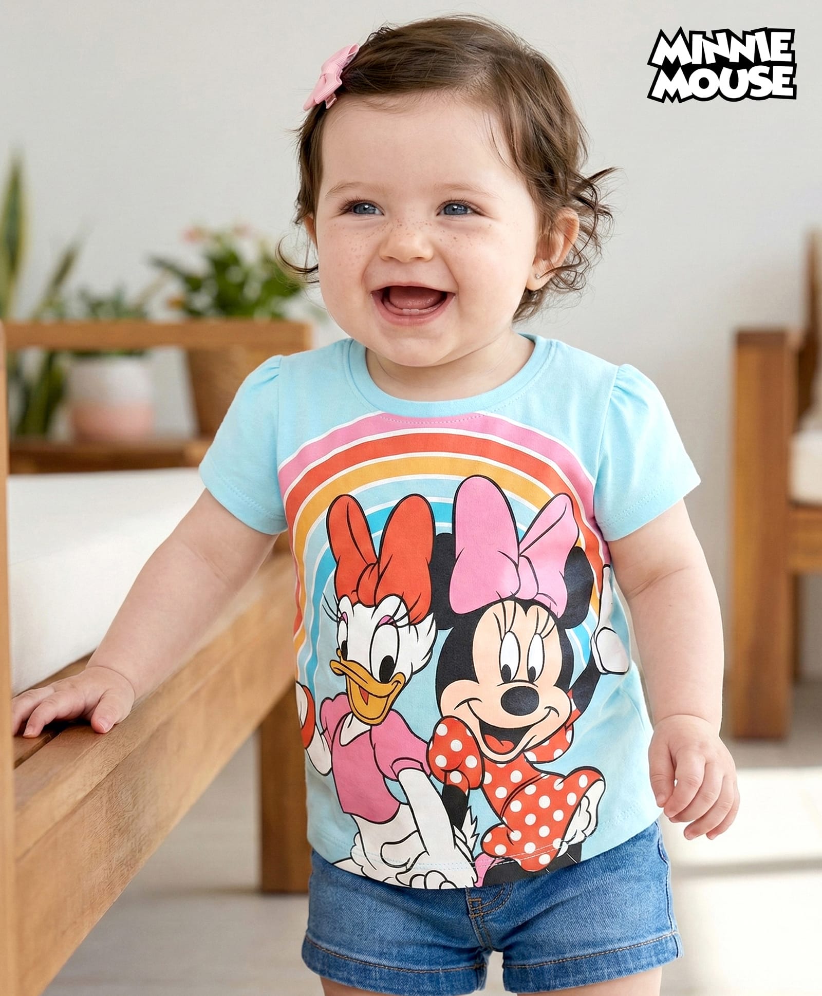 Babyhug Disney Cotton Knit Half Sleeves Top with Minnie Mouse Graphics - Blue-image-40