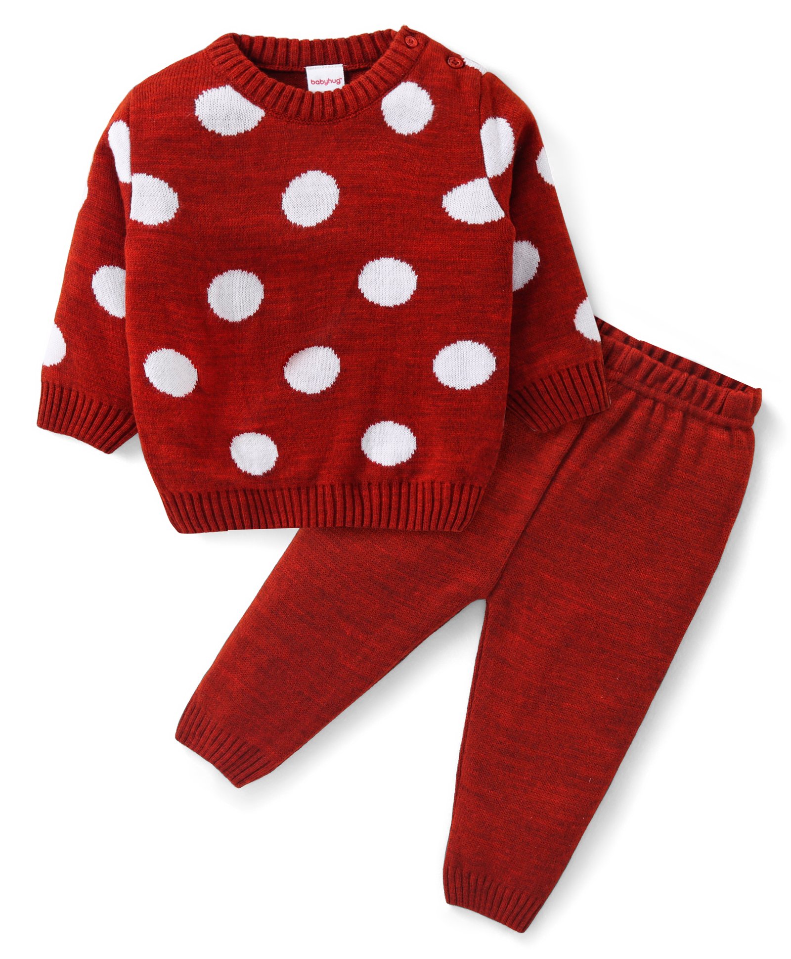 Babyhug Knit Full Sleeves Sweater Set with Polka Dot Design -Red-picture-25