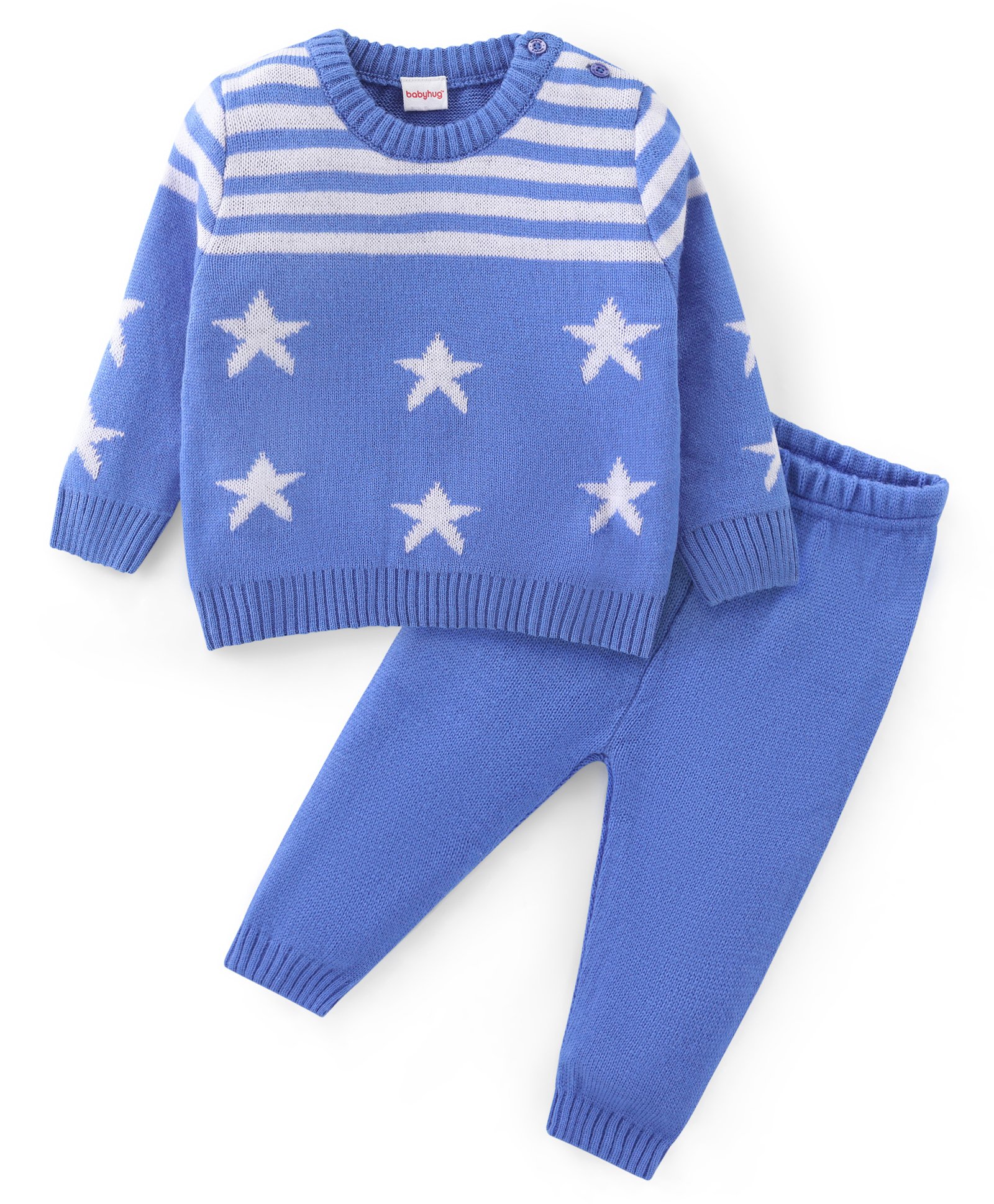 Babyhug Knitted Full Sleeves Sweater Set with Stripes & Star Design - Blue