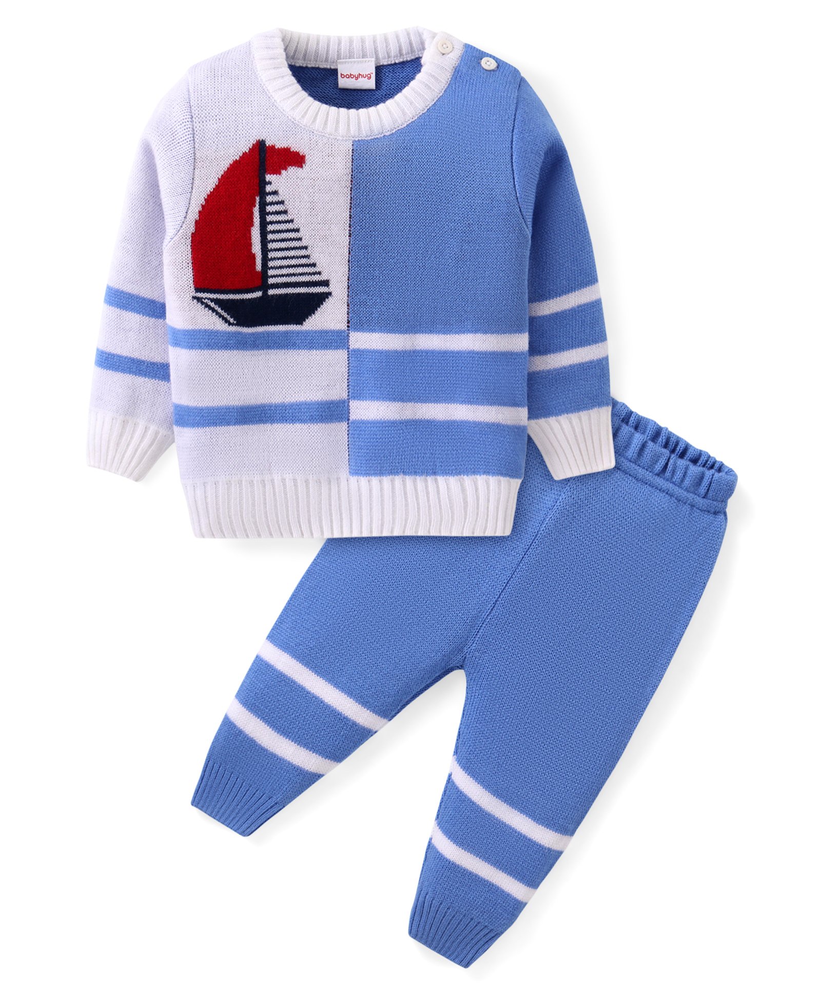 Babyhug Knitted Full Sleeves Sweater Set with Boat Design - Multicolour-picture-12