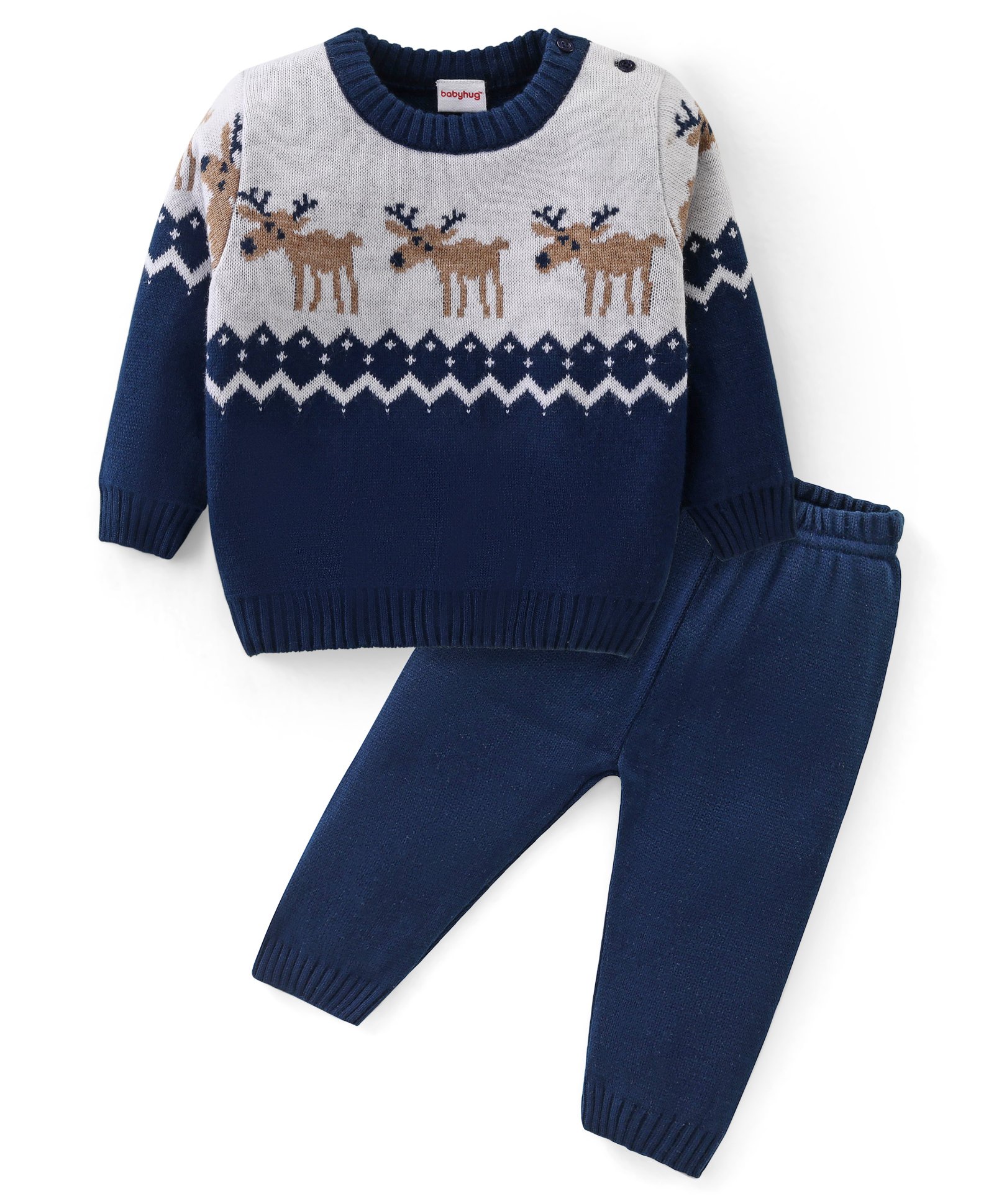 Babyhug Knitted Full Sleeves Sweater Set with Reindeer Design - Navy Blue-picture-18