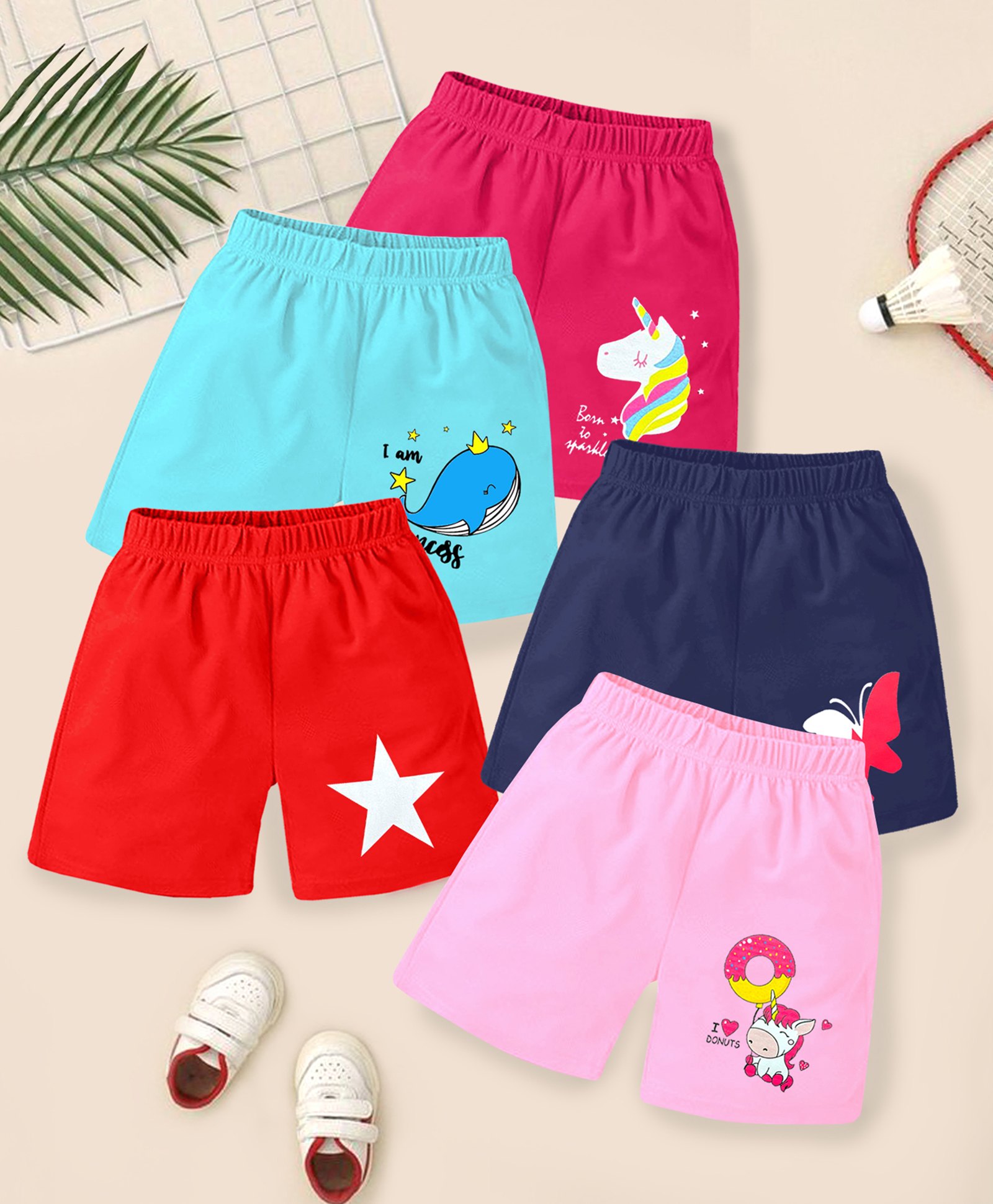 KUCHIPOO Pack of 5 Butterfly & Unicorn Printed Shorts - Multi Colour-image-13