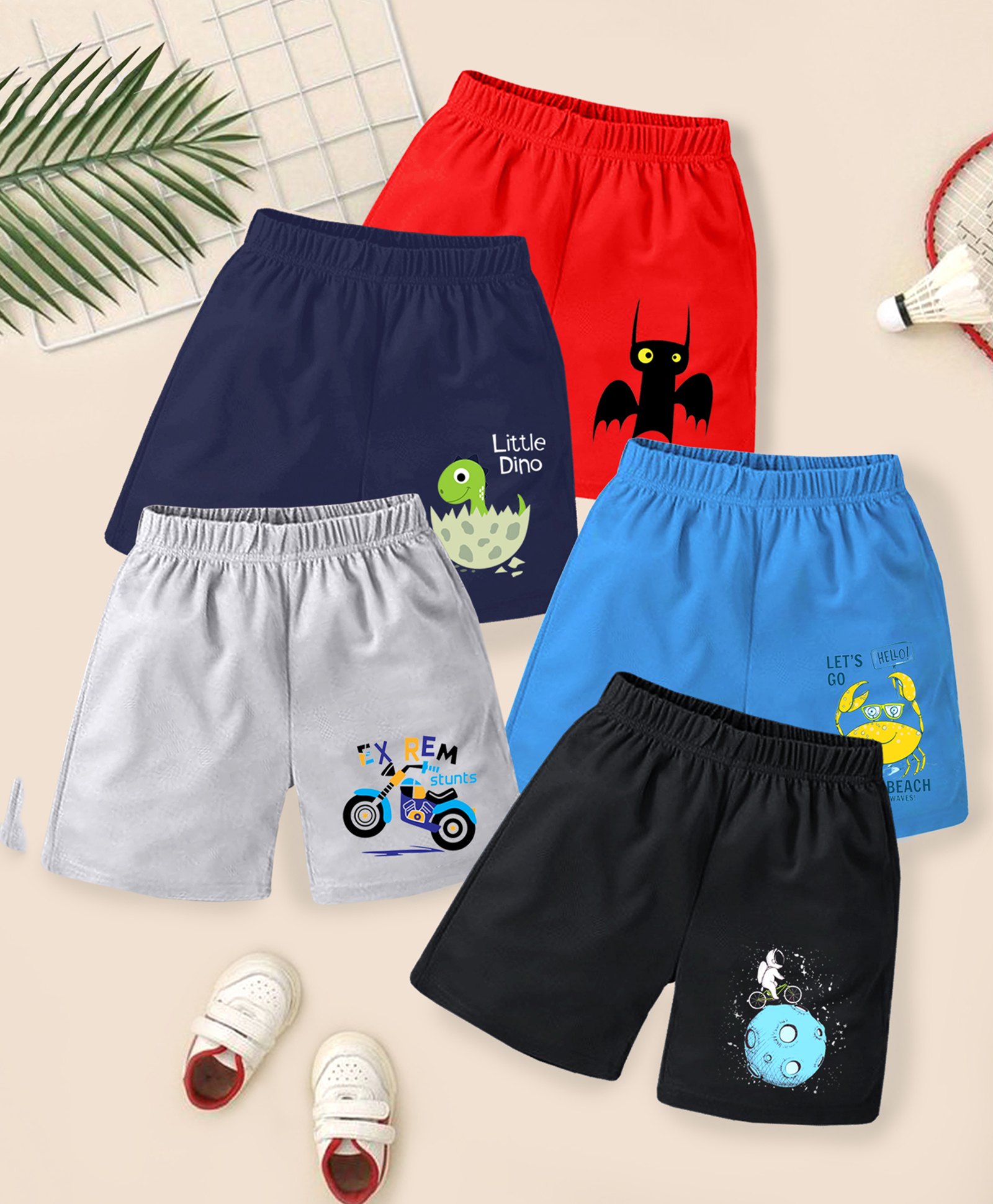 KUCHIPOO Pack of 5 Animals & Space Theme Printed Shorts - Multi Colour-picture-38