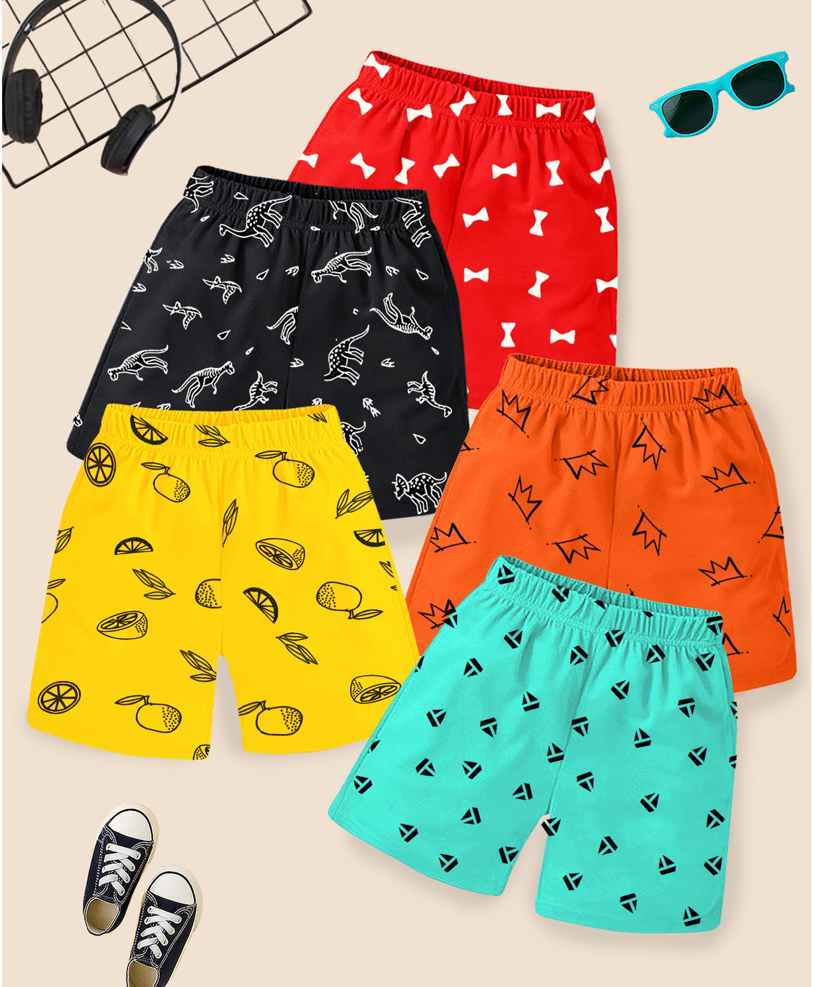 KUCHIPOO Pack of 5 Dinosaurs & Sail Boats Printed Shorts - Multi Colour-picture-14