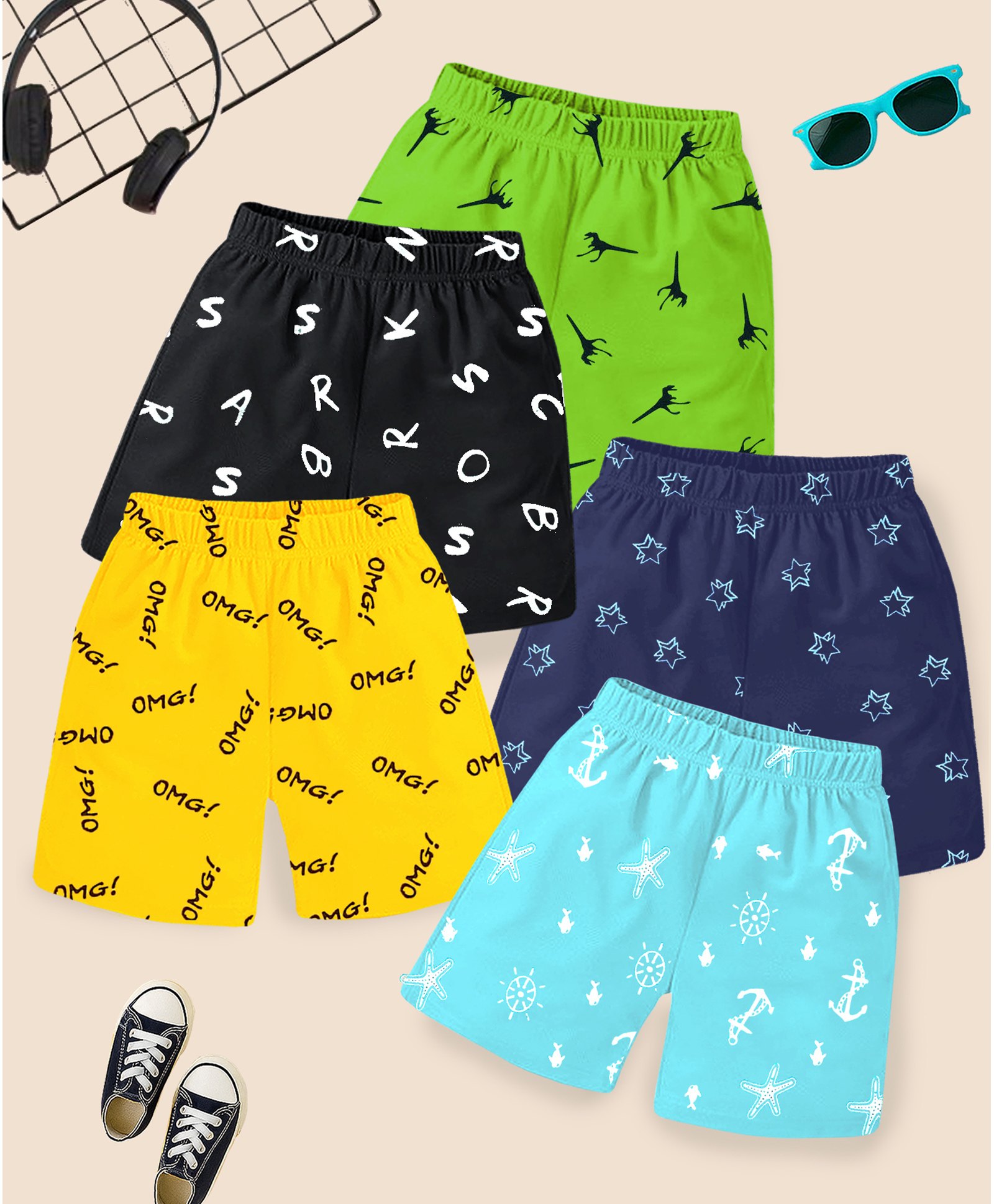 KUCHIPOO Pack of 5 Dinosaurs & Alphabets Printed Shorts - Multi Colour-picture-26