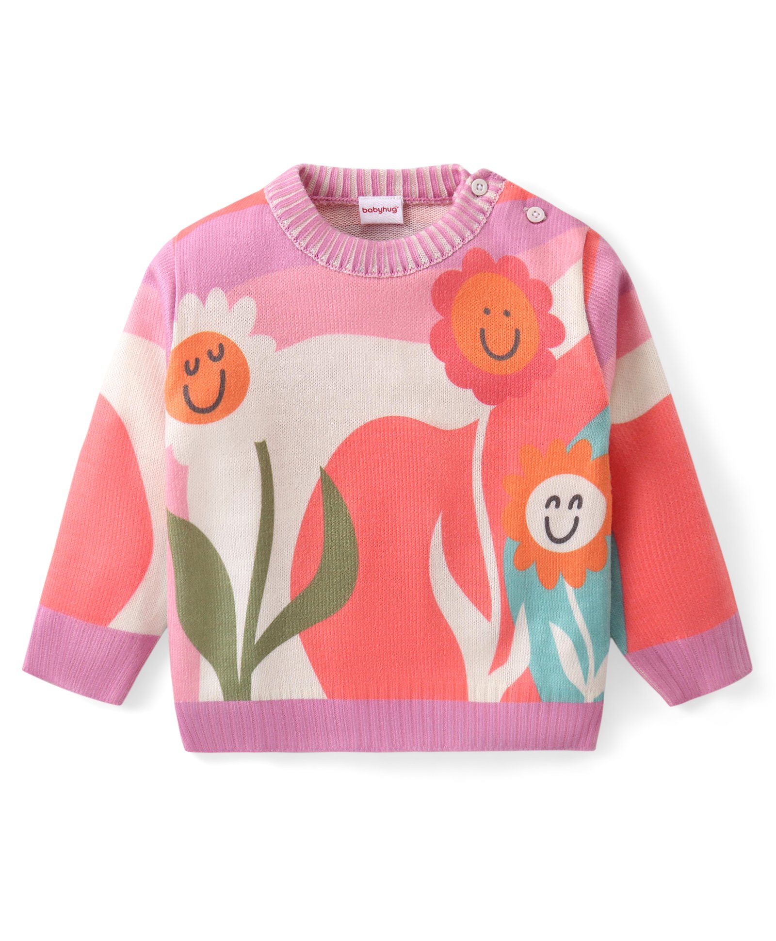 Babyhug Knitted Full Sleeves Pullover Sweater with Floral Design - Multicolour-image-24