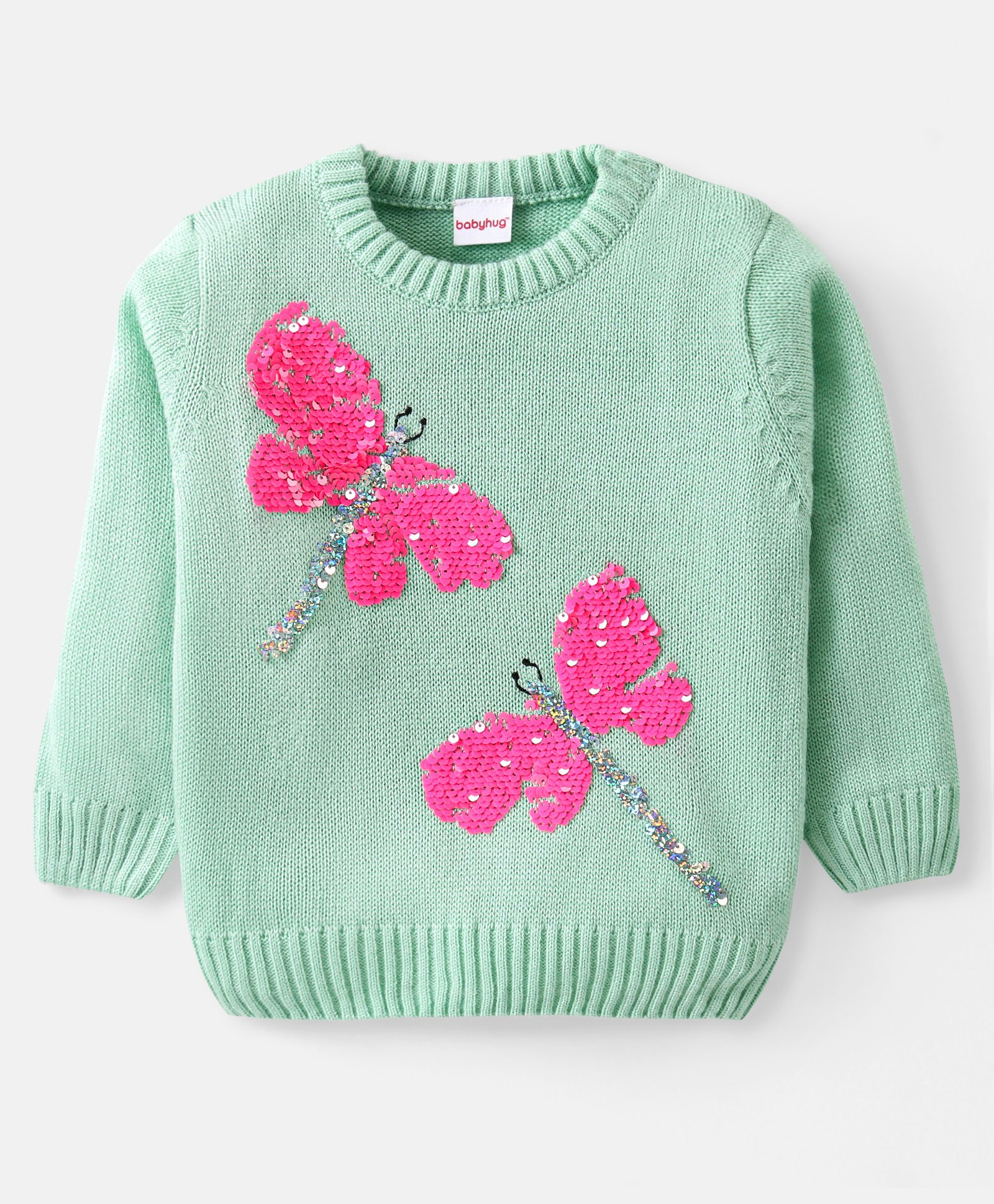 Babyhug Knitted Full Sleeves Pullovers Sweater With Sequin Dragonfly Detailing - Mint-image-12