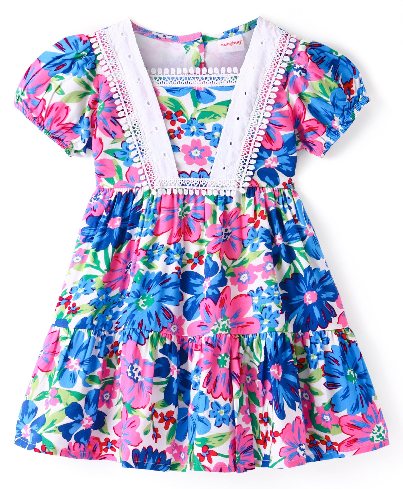Babyhug Rayon Woven Half Sleeves Frock with Floral Print & Lace Detailing- Multicolour-picture-19