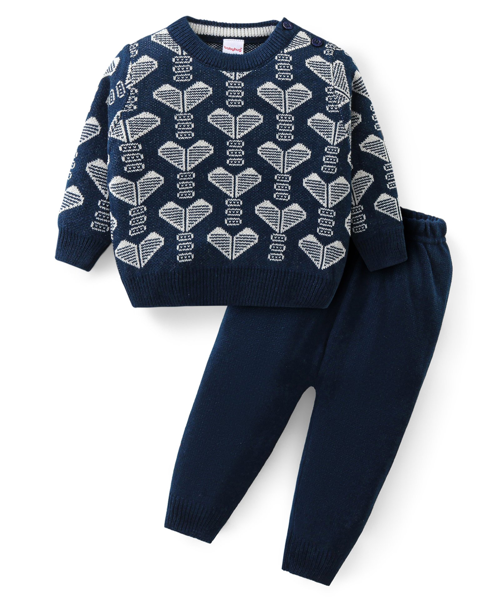 Babyhug Knitted Full Sleeves Heart Designed Sweater Set - Navy Blue-image-20