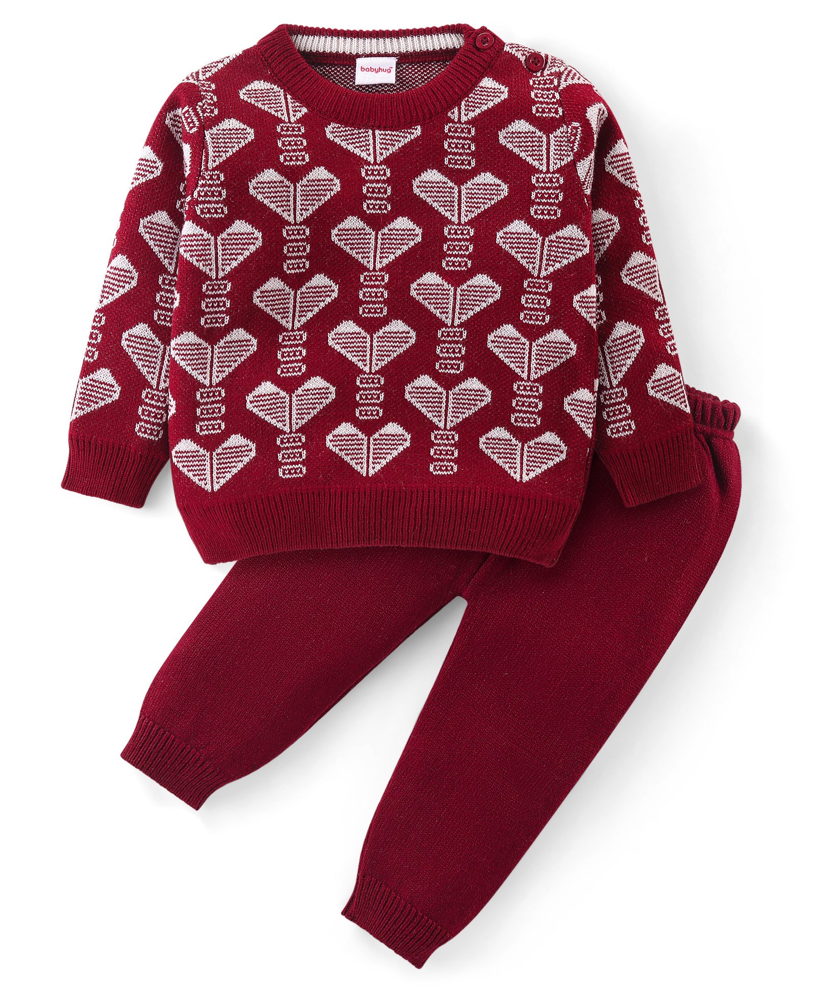 Babyhug Knitted Full Sleeves Pullover Sweater & Pant Set With Hearts Design - Red-picture-16