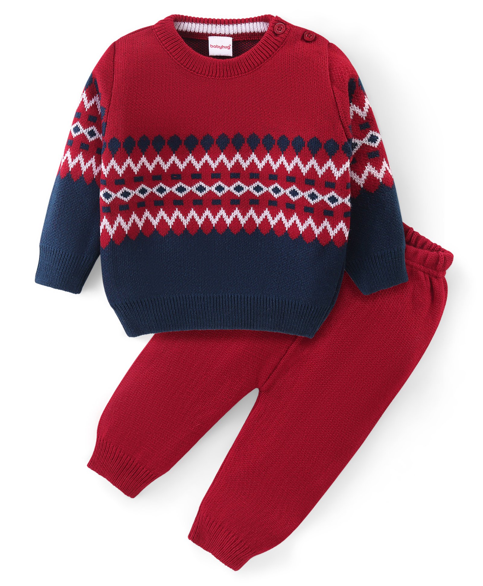 Babyhug Knitted Full Sleeves Pullover Sweater & Pant Set With Chevron Design - Red & Navy Blue-image-28