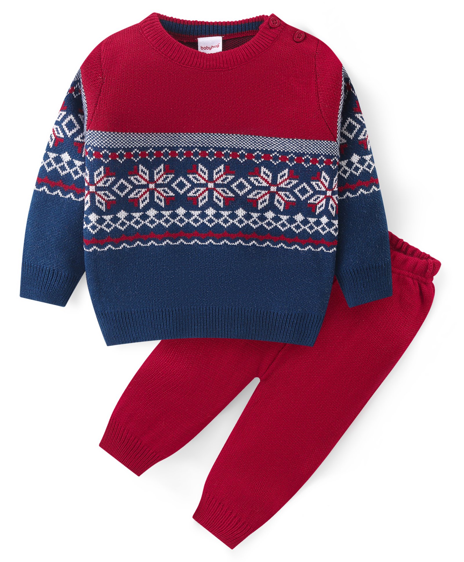 Babyhug Knitted Full Sleeves Pullover Sweater & Pant Set With Floral Design - Red & Navy Blue-image-32