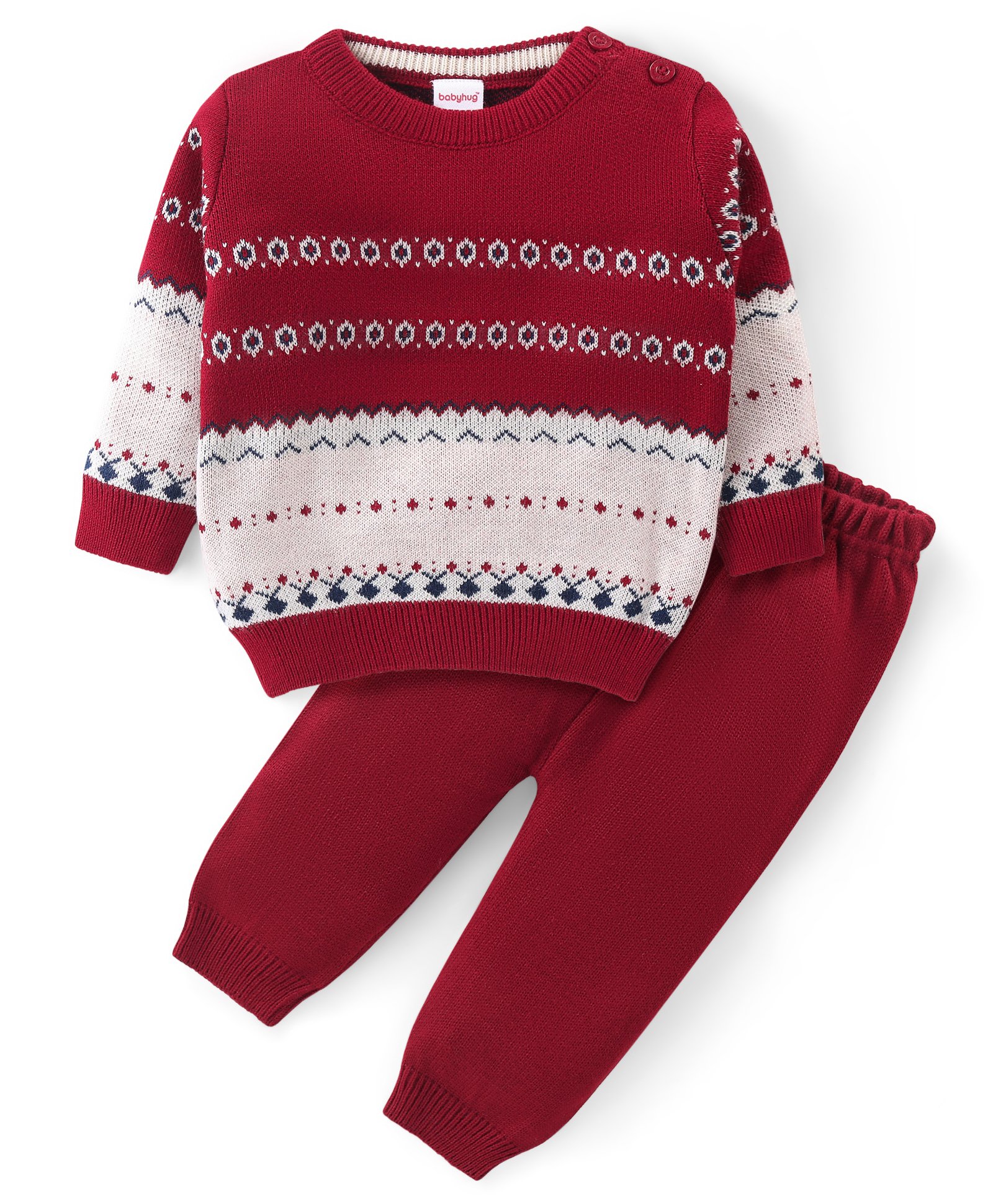 Babyhug Knitted Full Sleeves Pullover Sweater & Pant Set With Aztec Design - Red & Off White-picture-18