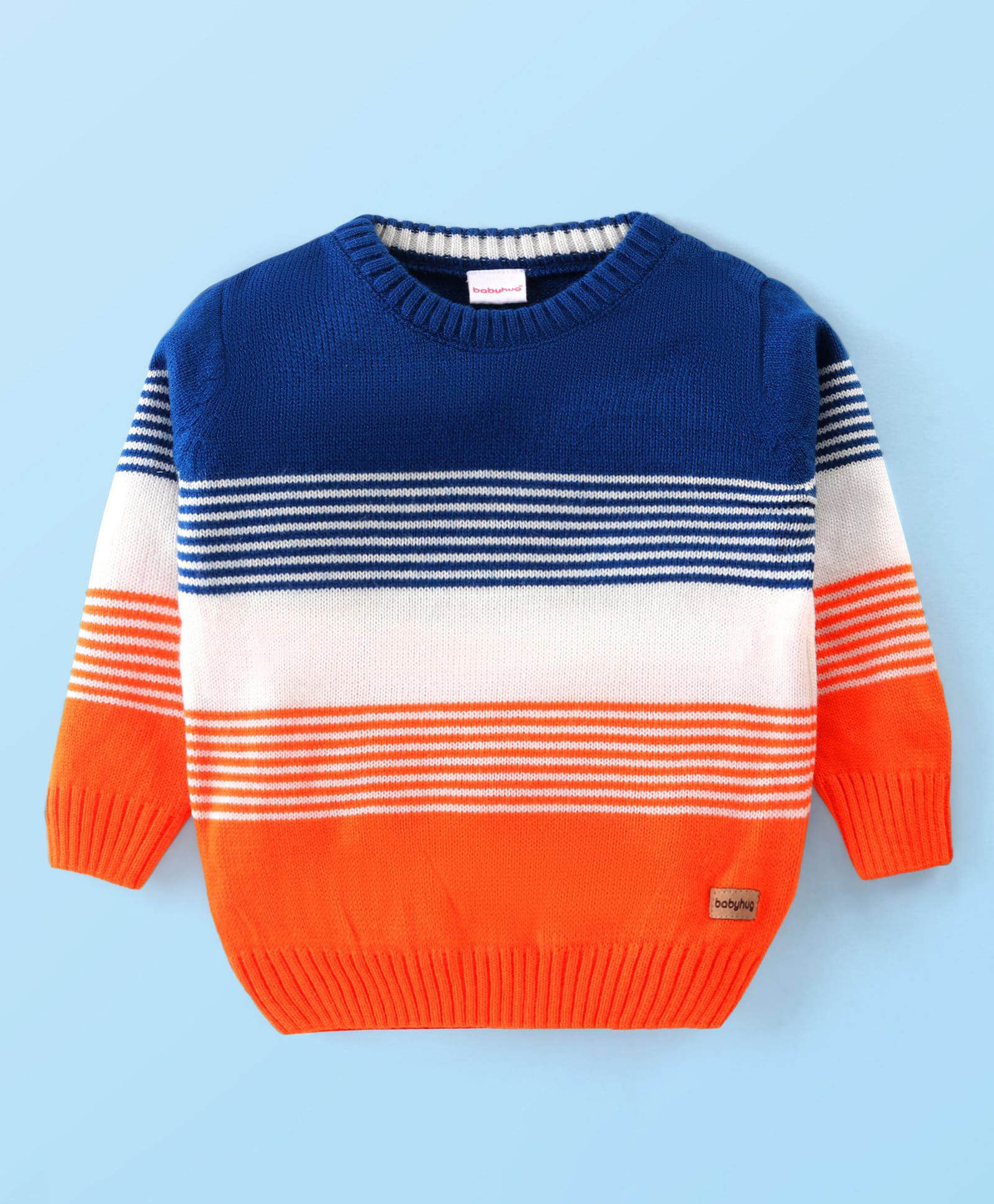 Babyhug Knitted Full Sleeves Pullover Sweater with Stripes & Colour Block Design - Blue White & Orange-image-18