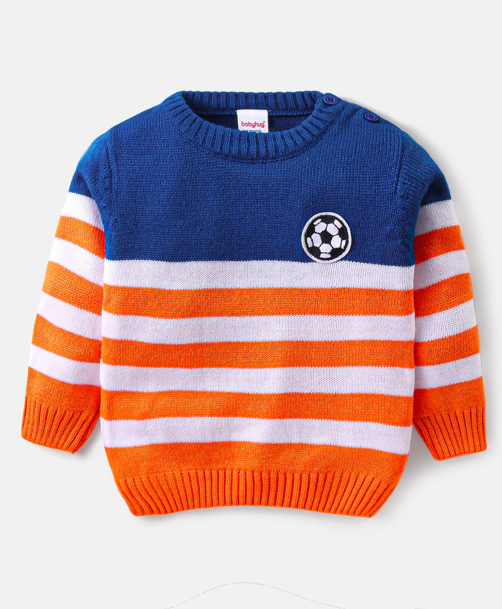 Babyhug Knit Full Sleeves Pullover Sweater Stripes Design & Ball Patch  -Orange & Blue-image-47