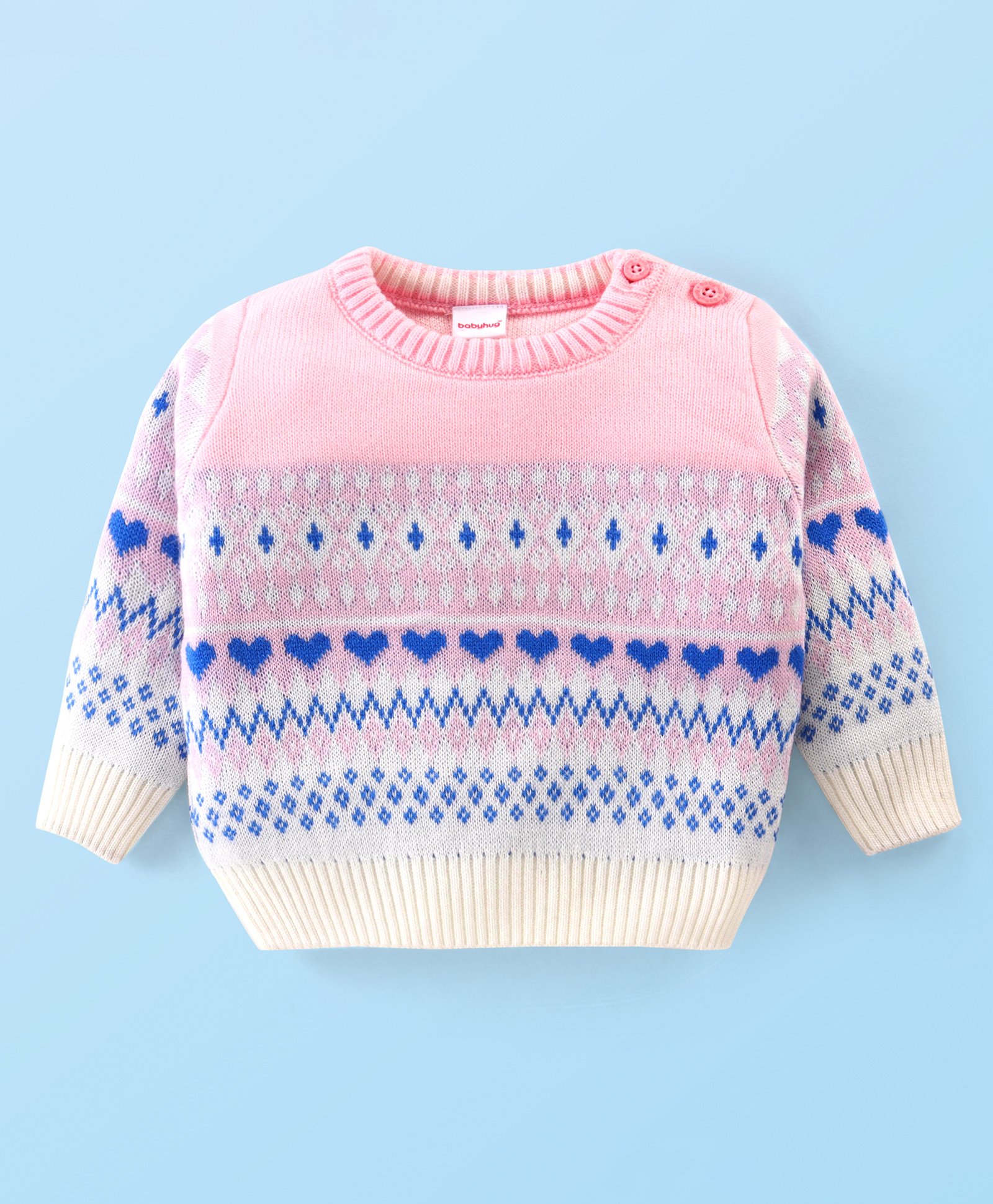 Babyhug Knit Full Sleeves Pullover with Heart Design - Pink-image-10