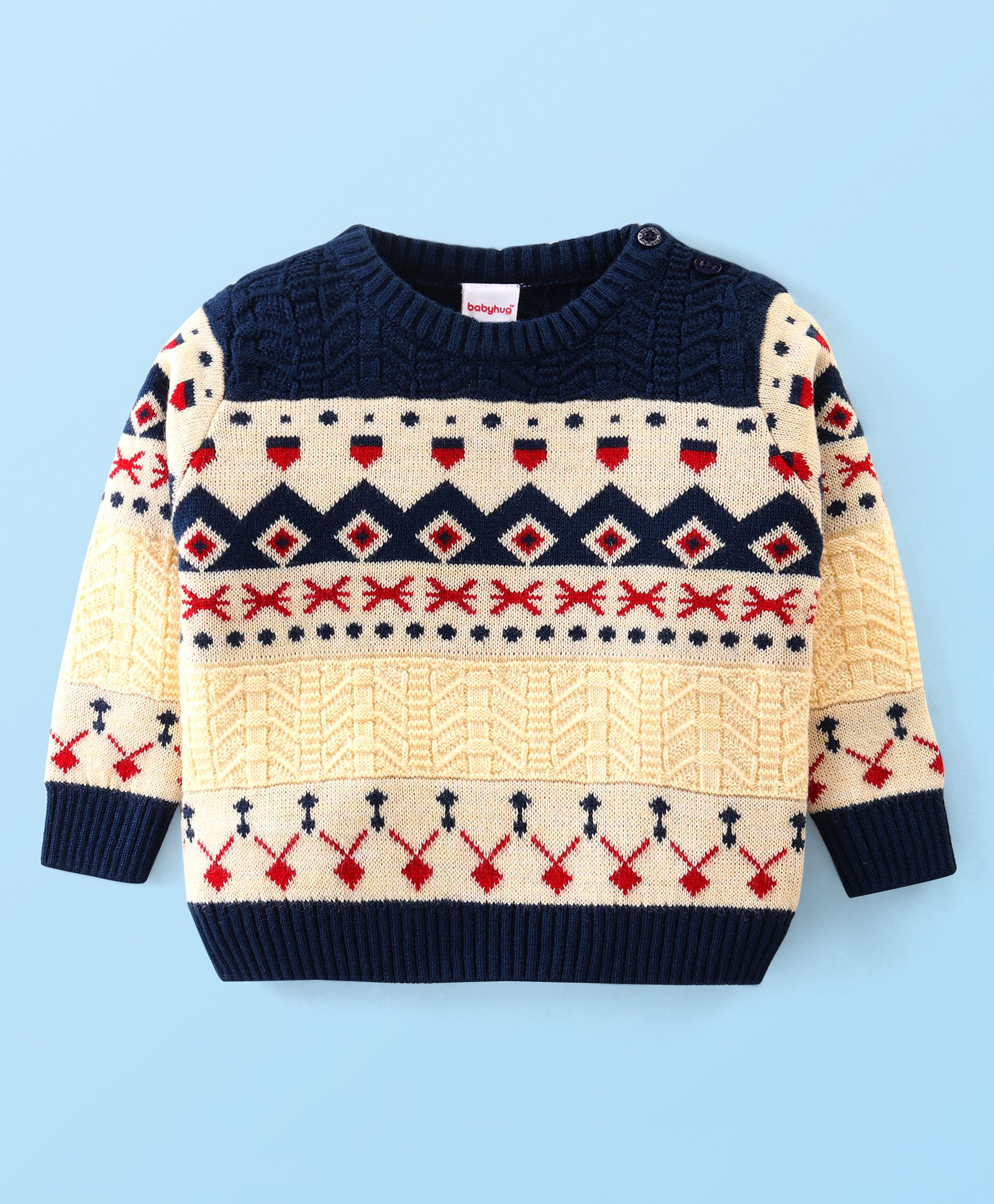 Babyhug Knit Full Sleeves Pullover with Aztec Design - Cream & Navy-image-35