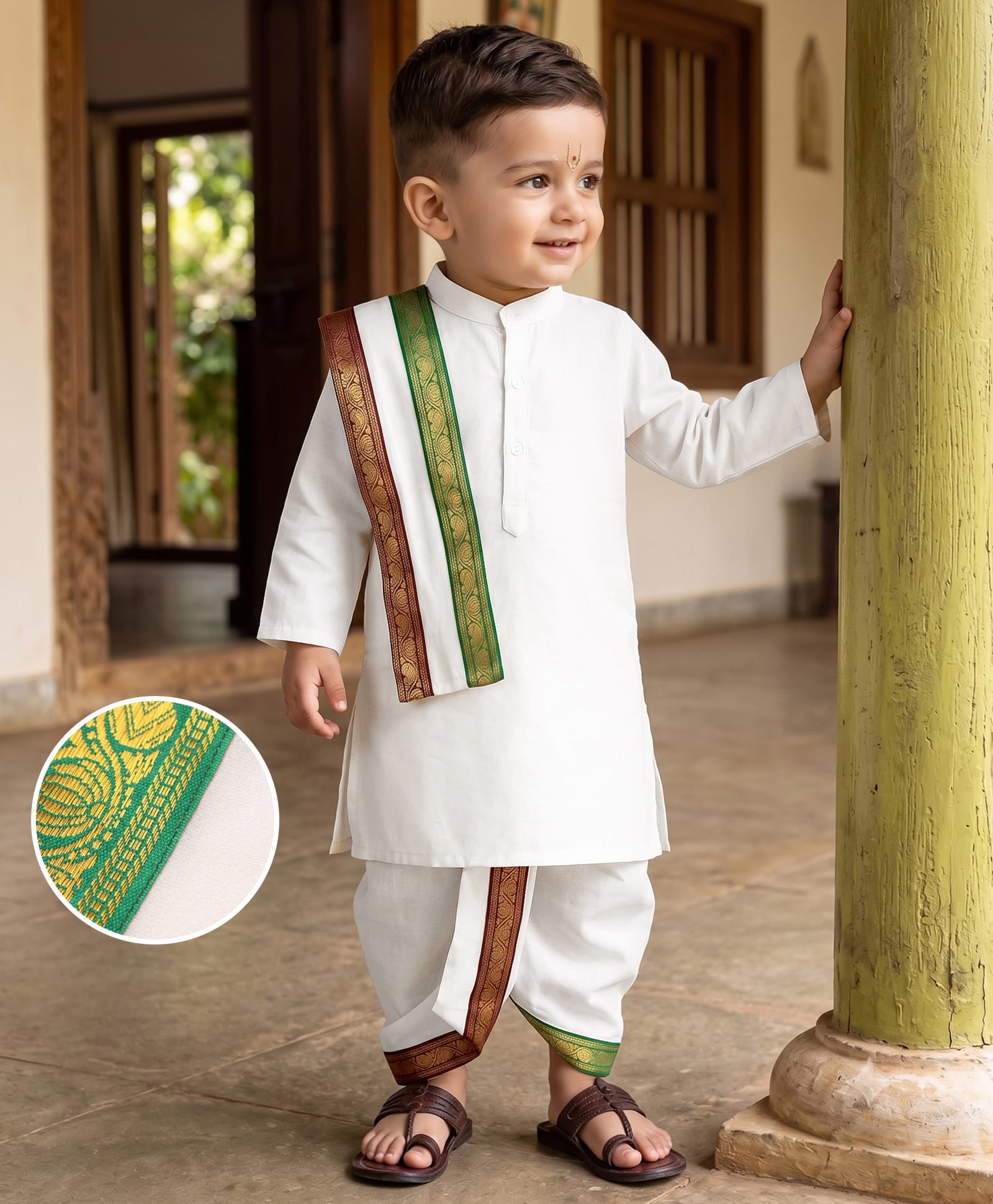 Babyhug Cambric Woven Full Sleeves Solid Dhoti Kurta Set With Angavastram -  Offwhite-picture-21