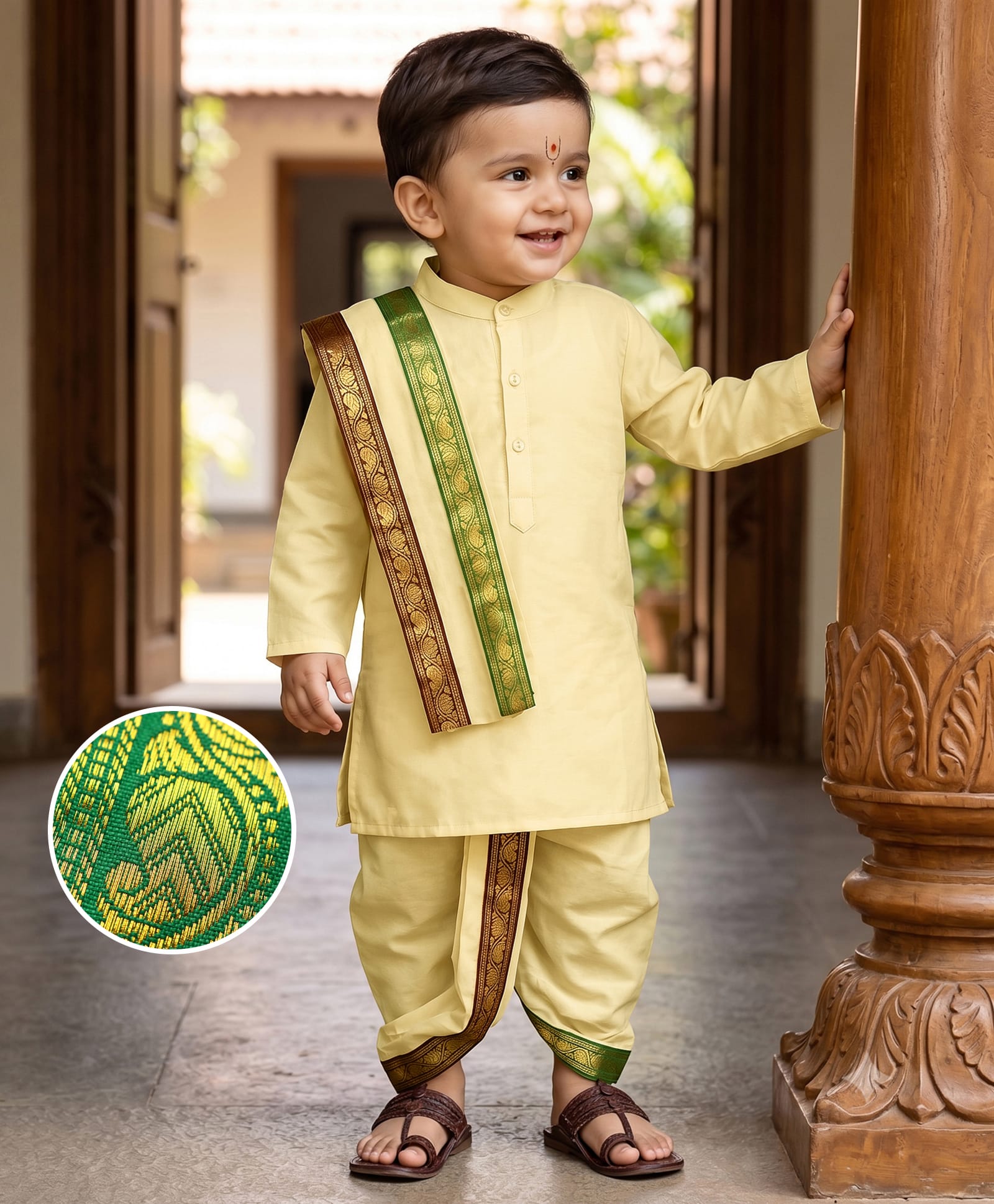 Babyhug Cambric Woven Full Sleeves Solid Kurta With Coordinating Dhoti & Angavastram -  Offwhite-picture-17