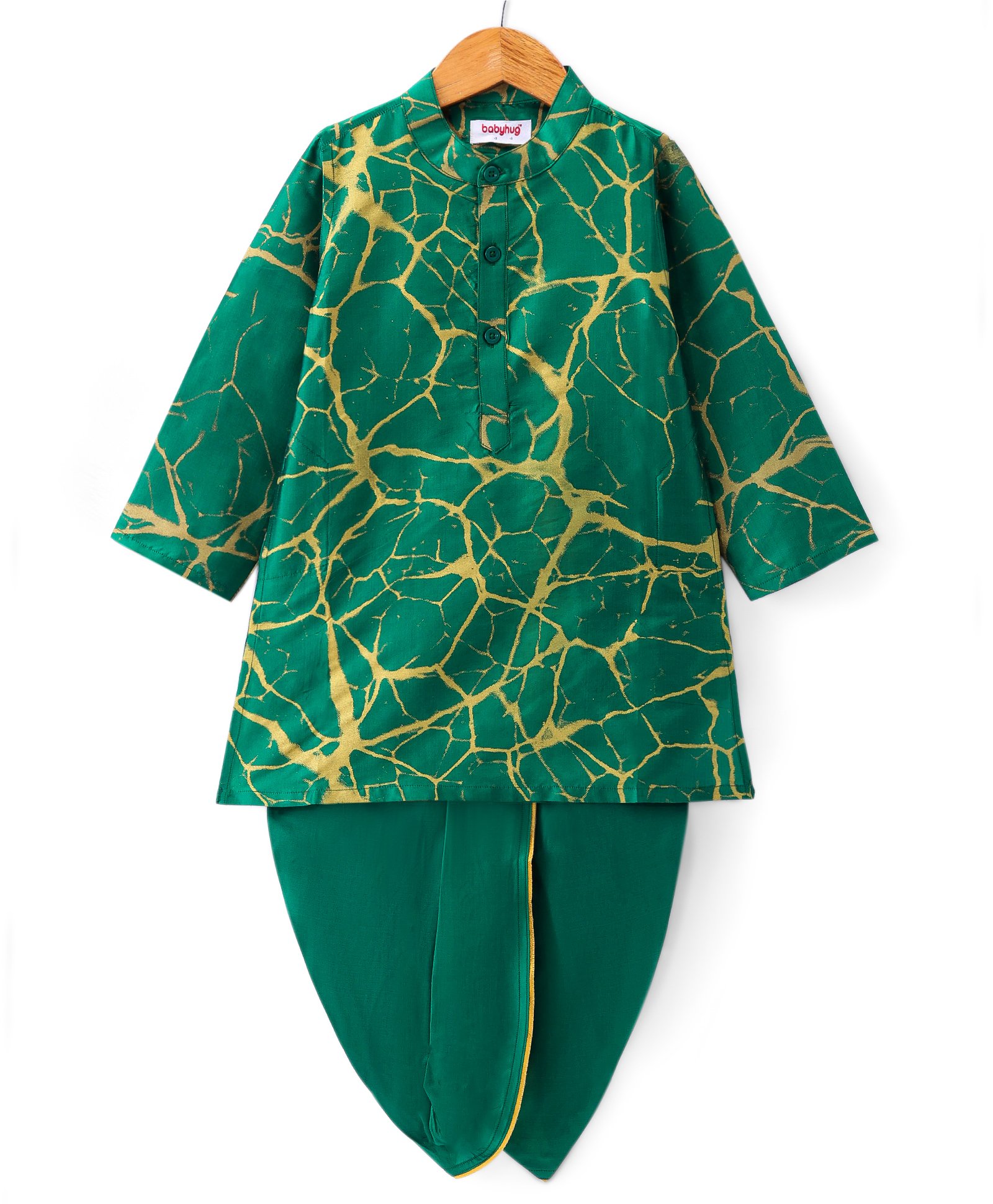 Babyhug Woven Full Sleeves Kurta Dhoti Set With Marble Print - Green-image-10