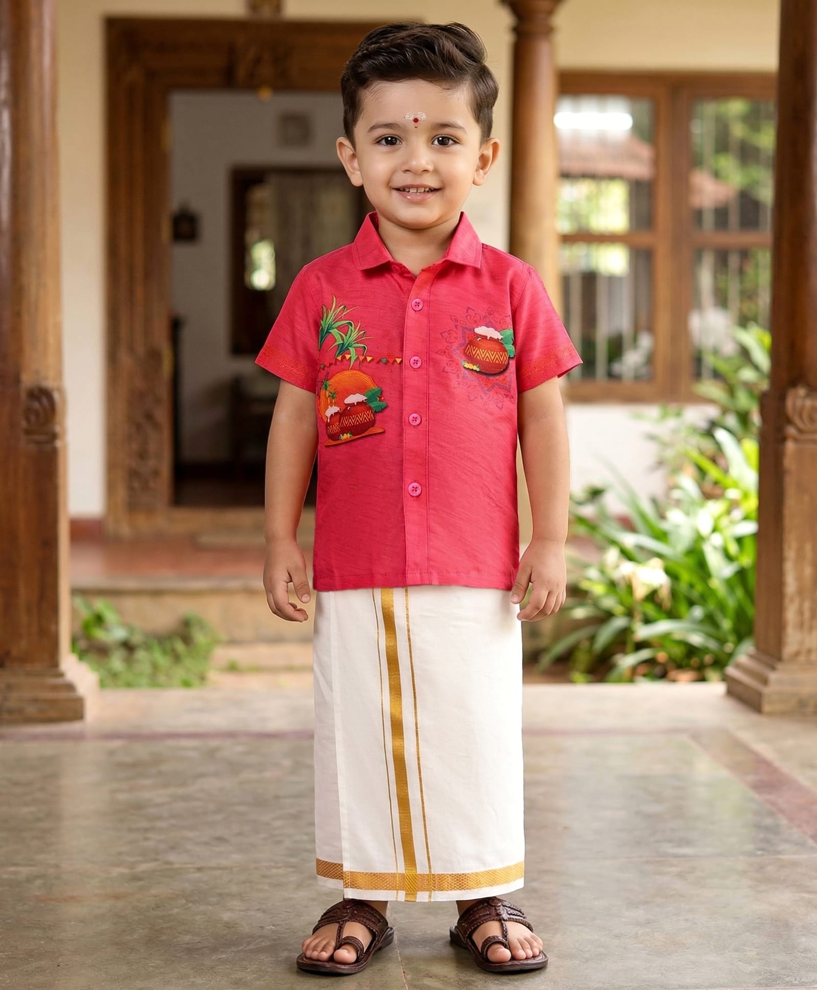 Babyhug Cambric Woven Half Sleeves Printed Shirt & Mundu Set - Pink-picture-24