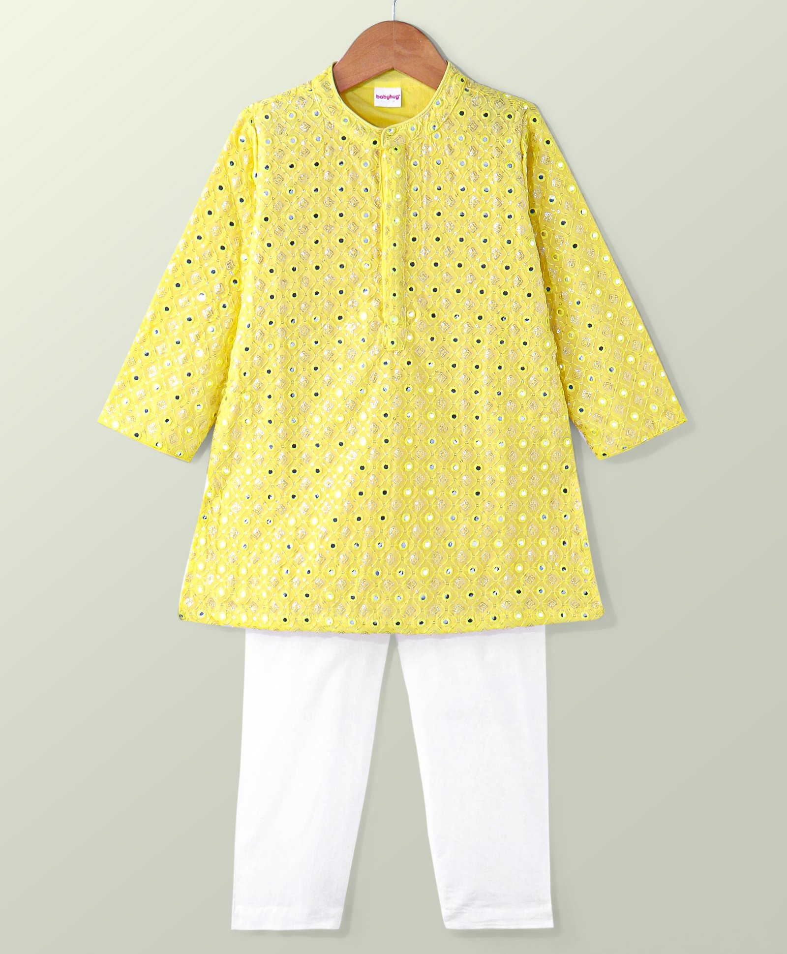 Babyhug Woven Full Sleeves Mirror Embroidered Kurta & Pyjama Set - Yellow-image-31