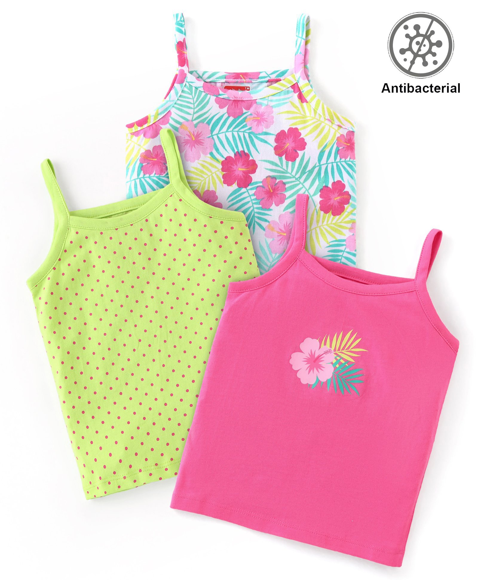Babyhug 100% Cotton Knit Sleeveless Antibacterial Slip with Floral & Polka Dot Print Pack of 3 - Multicolour-picture-20