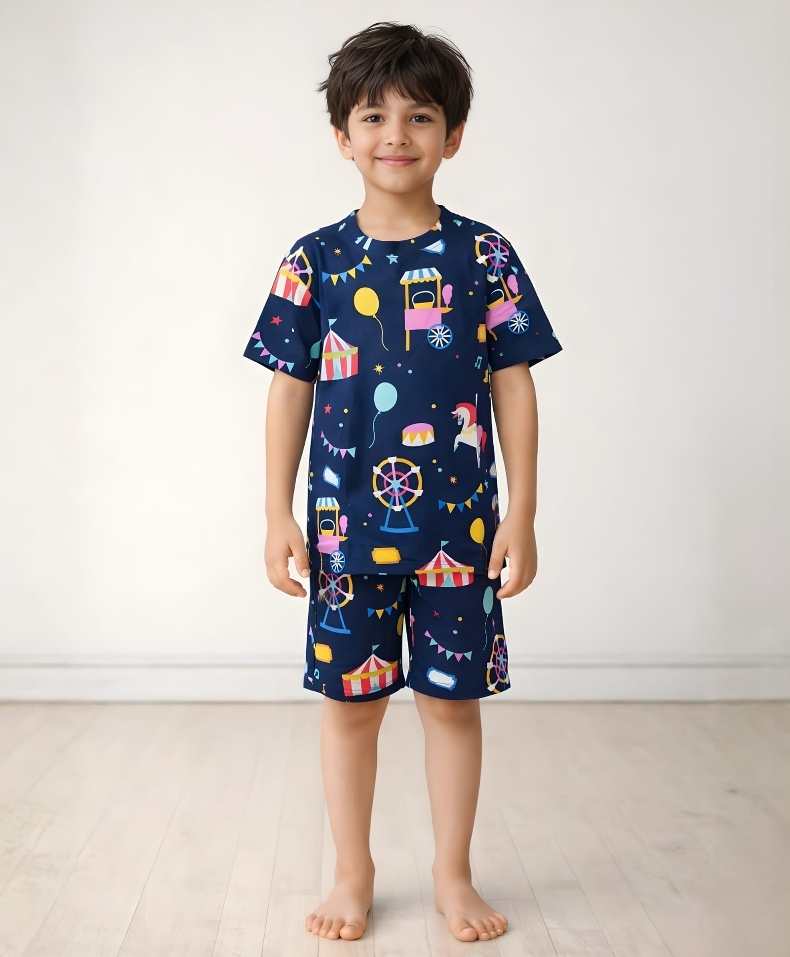 Anthrilo Cotton Knit Half Sleeves Unicron Printed Coordinating Tee & Shorts Set - Blue-image-2