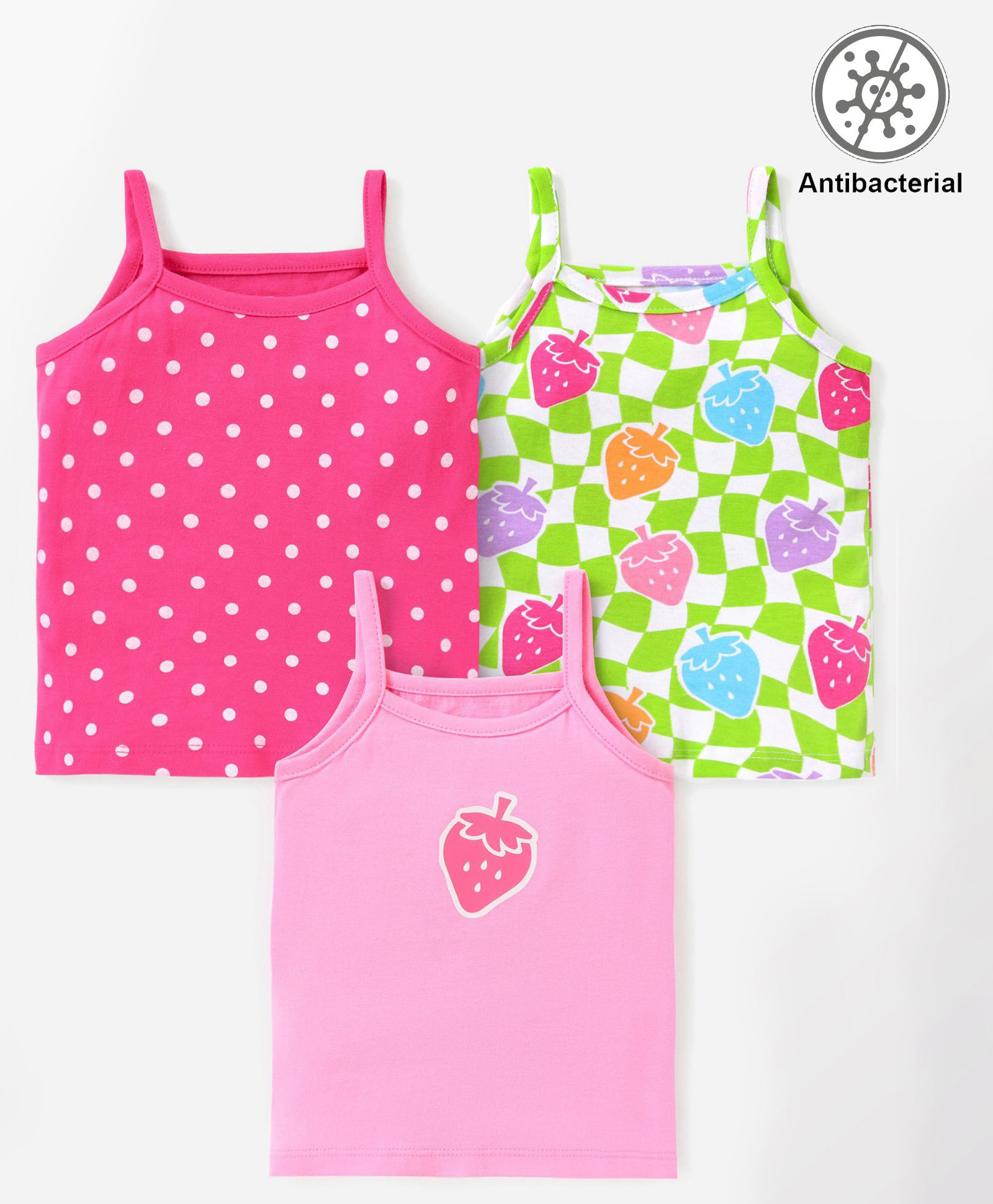 Babyhug 100% Cotton Single Jersey Sleeveless Anti Bacterial Slips Strawberry & Polka Dots Print Pack Of 3- Multicolor-image-20