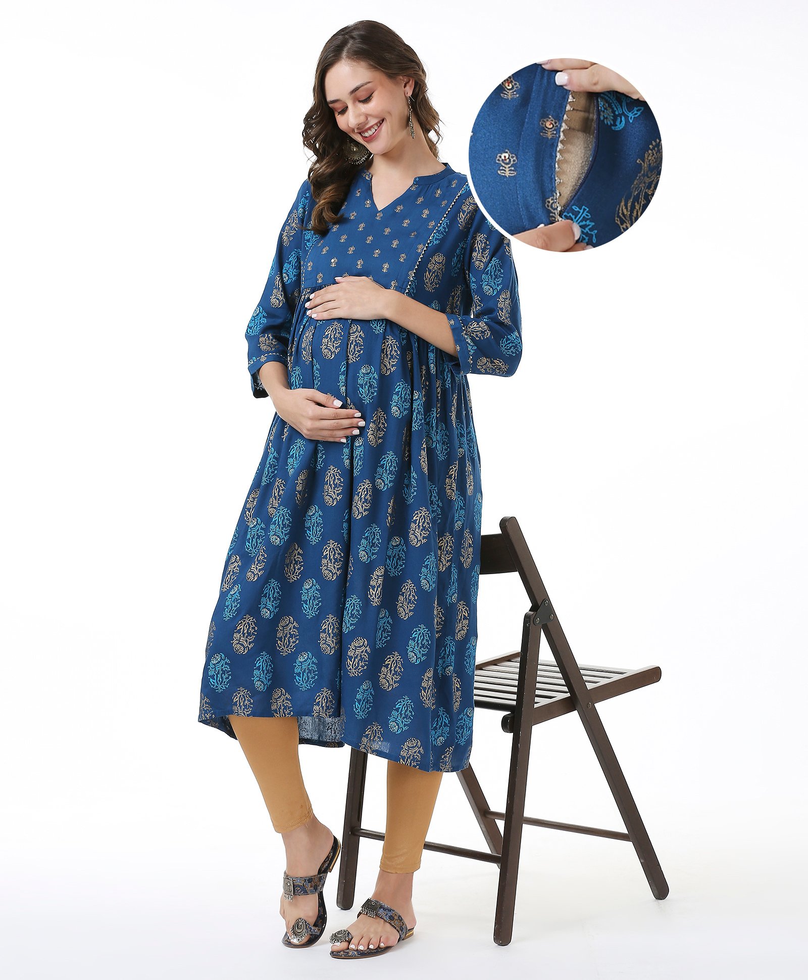 Bella Mama Woven Three Fourth Sleeves Gold Printed Maternity Kurta with Side Pocket & Highlighted Yoke - Blue-image-6
