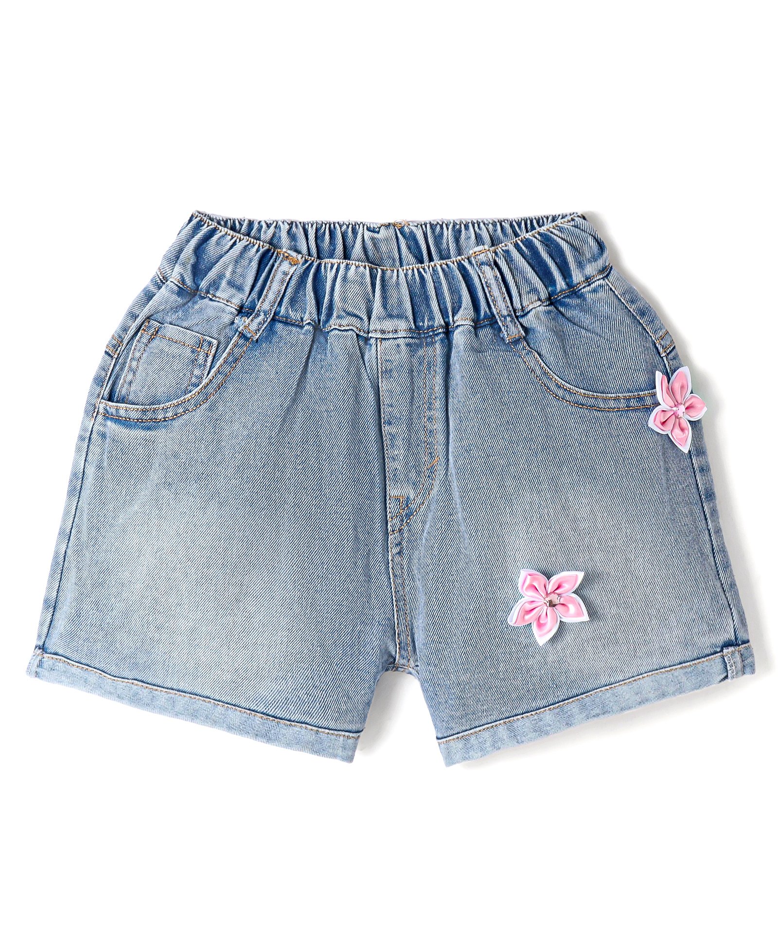 Kookie Kids Solid Shorts with Floral Applique - Blue-image-9