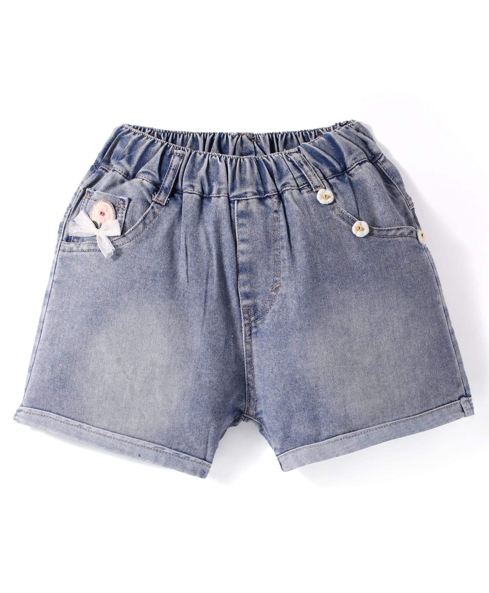Kookie Kids Solid Shorts with Floral Applique - Light Blue-image-41