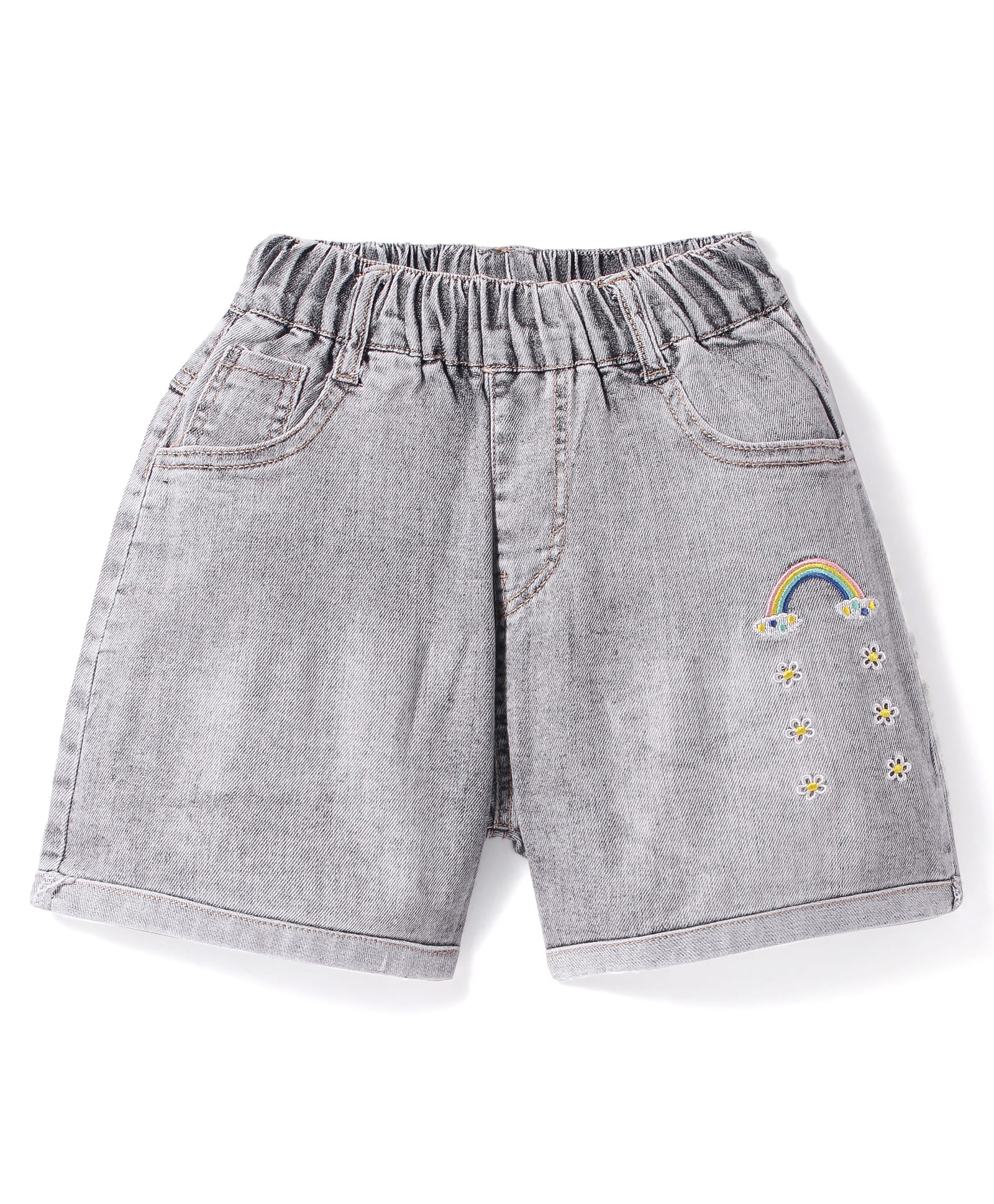 Kookie Kids Solid Shorts with Floral & Rainbow Embroidery - Grey-picture-18