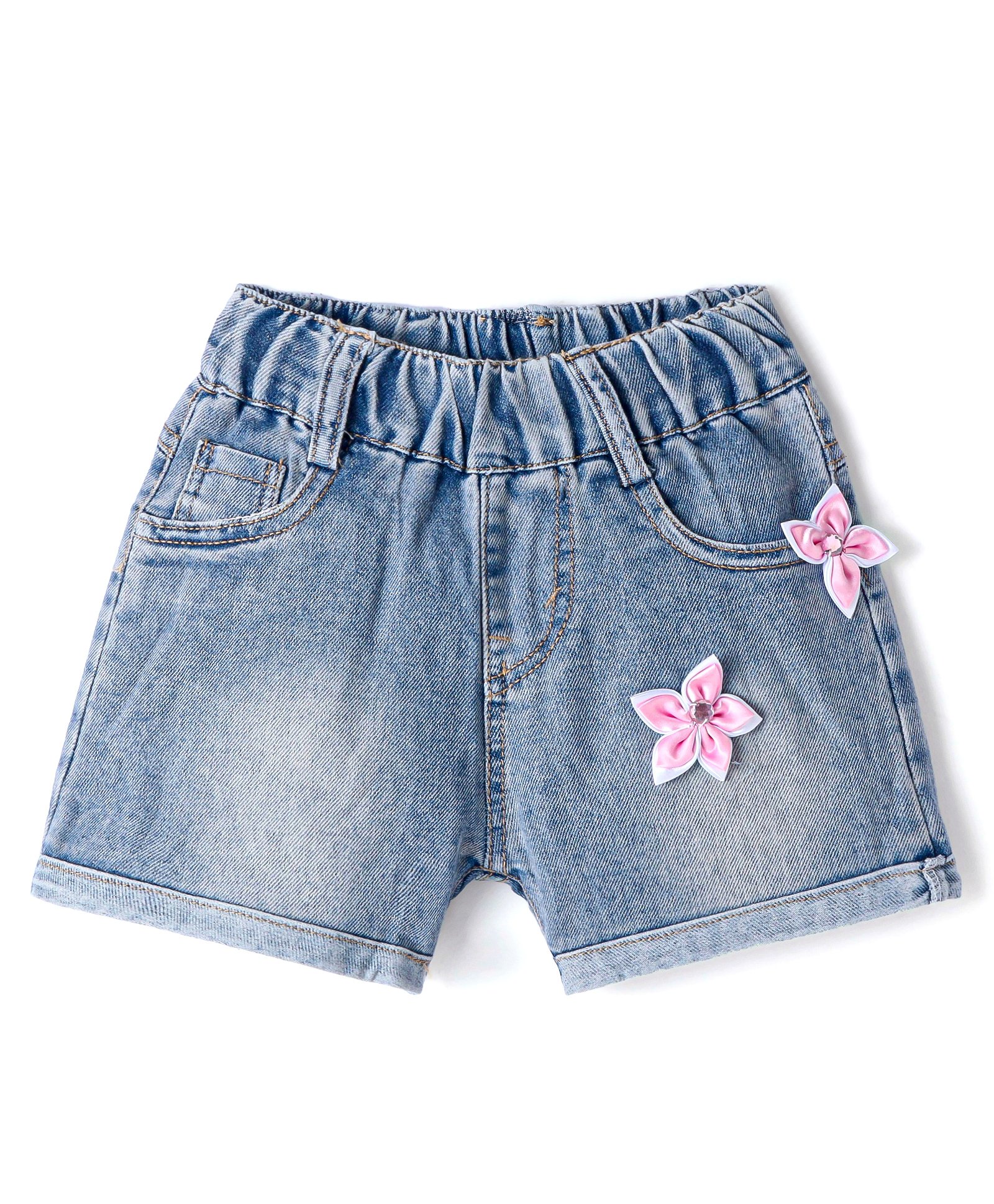 Kookie Kids Solid Shorts with Floral Applique - Blue-image-45