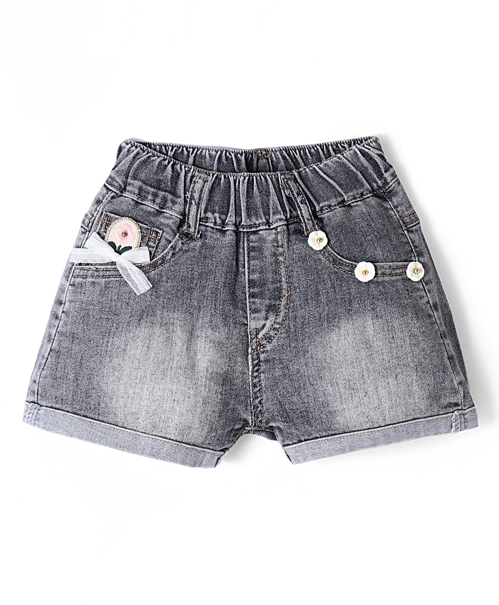 Kookie Kids Solid Shorts with Bow & Floral Applique - Grey-picture-31